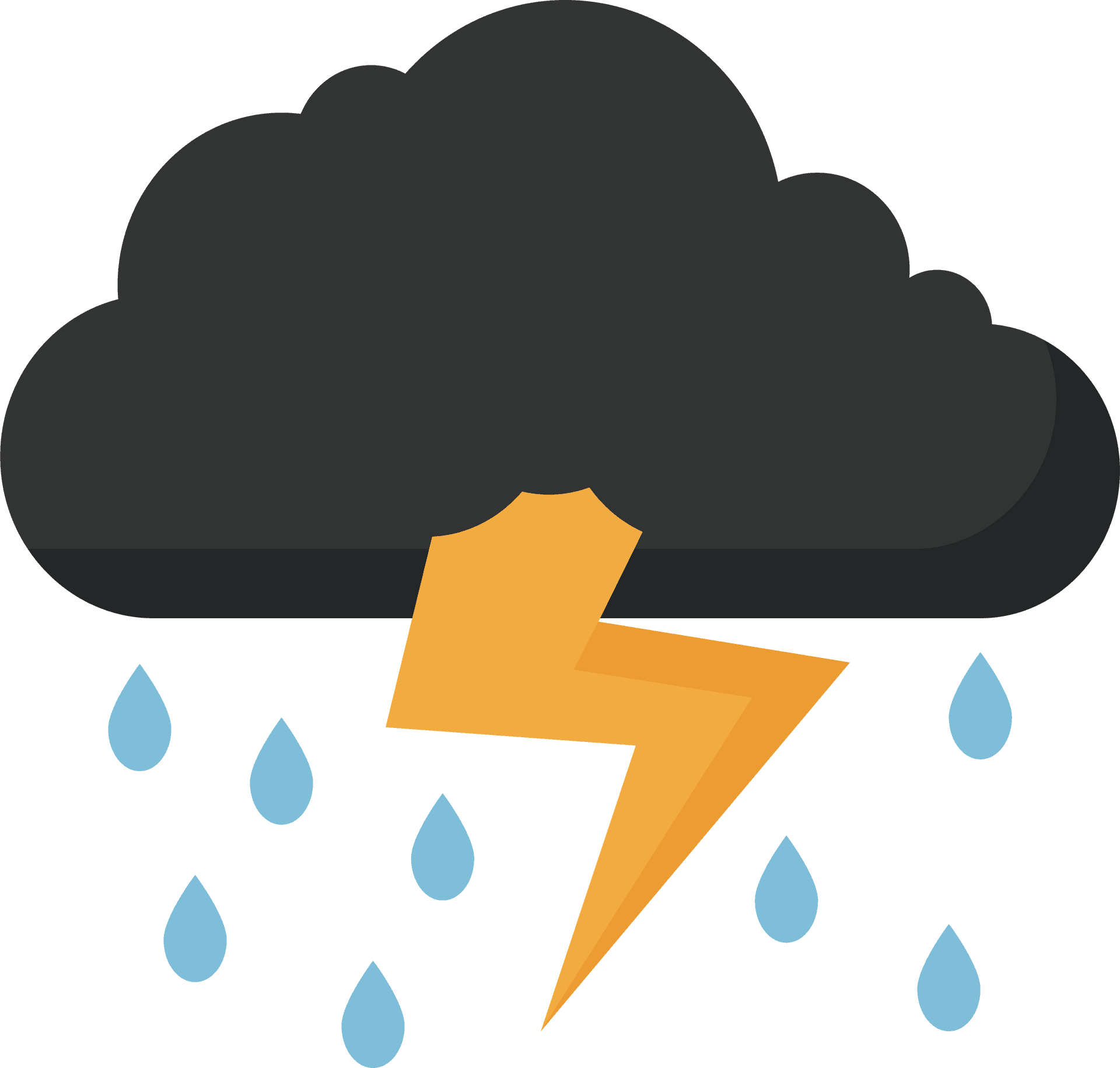 Thunderbolt 桌布 壁紙 — 一個大膽的黑色暴風雲在潔白的背景上釋放出明亮的橙色閃電和淺藍色雨滴。