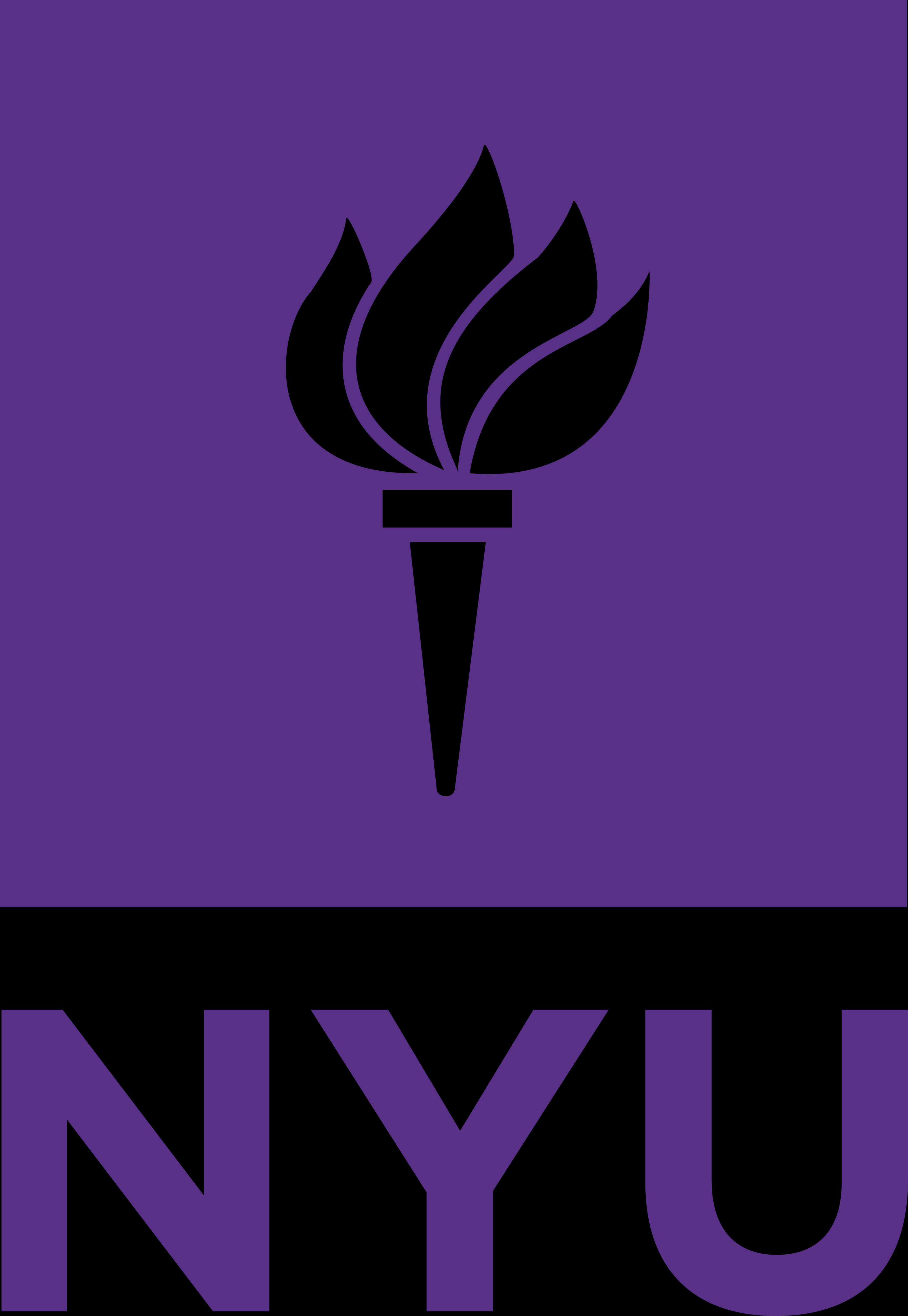Nyu 桌布 壁紙 — 一個大膽的黑色火炬標誌居中在紫色背景上，下方黑色條上有紫色字母 'NYU'。