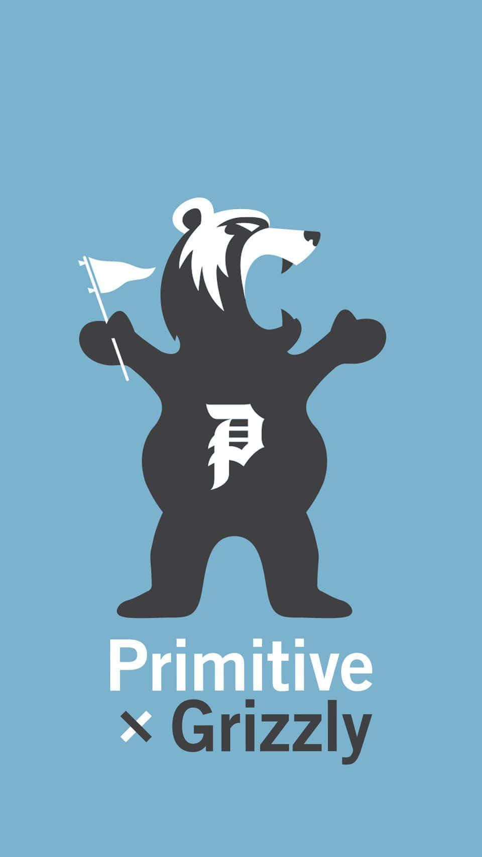 Primitive 桌布 壁紙 — 一個大膽的黑色熊剪影，帶有白色點綴，在純藍色背景上舉著一面旗幟，上面有 'Primitive x Grizzly' 文字。