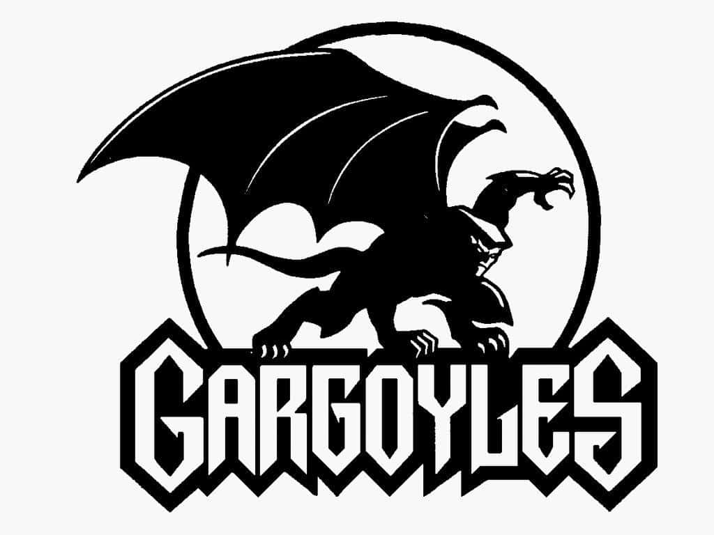 Gargoyle 桌布 壁紙 — 一個大膽的黑色石像鬼剪影，翅膀展開，站在圓圈內，上方有風格化的字體寫著 GARGOYLES。