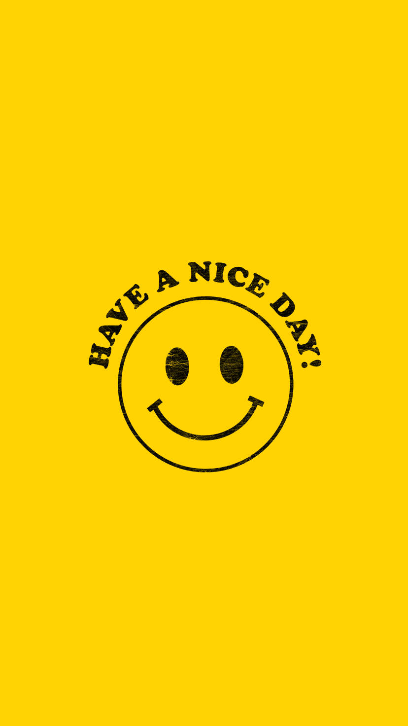 笑臉 桌布 壁紙 — 一個大膽的黑色笑臉，上面有弧形文字「HAVE A NICE DAY!」，背景是鮮豔的黃色。