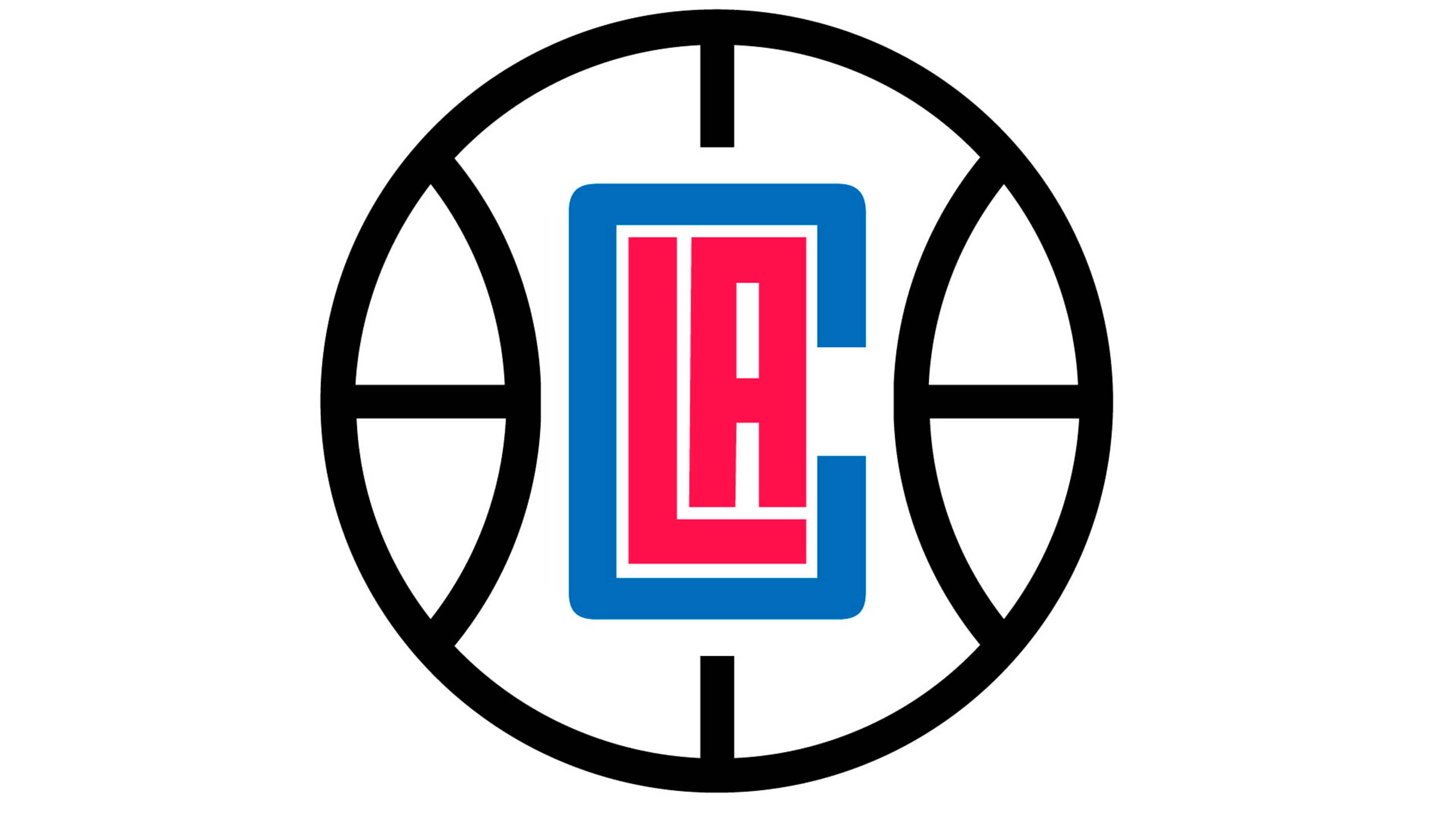 Clippers 桌布 壁紙 — 一個大膽的黑色籃球輪廓，中央有一個紅色和藍色的「LA」標誌。