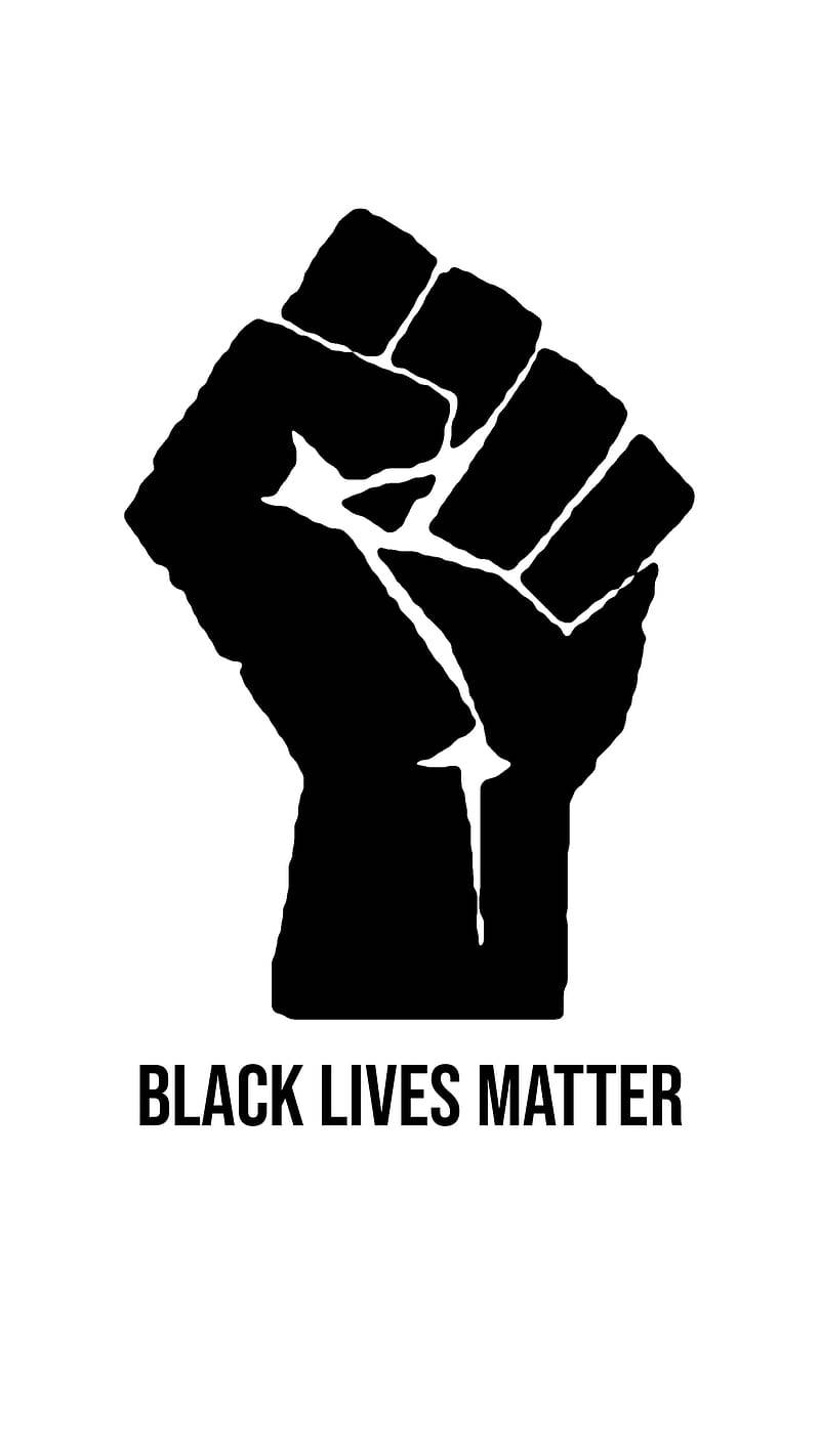 白色 桌布 壁紙 — 一個大膽的黑色舉起拳頭剪影，下方有 'BLACK LIVES MATTER' 文字，背景為白色。