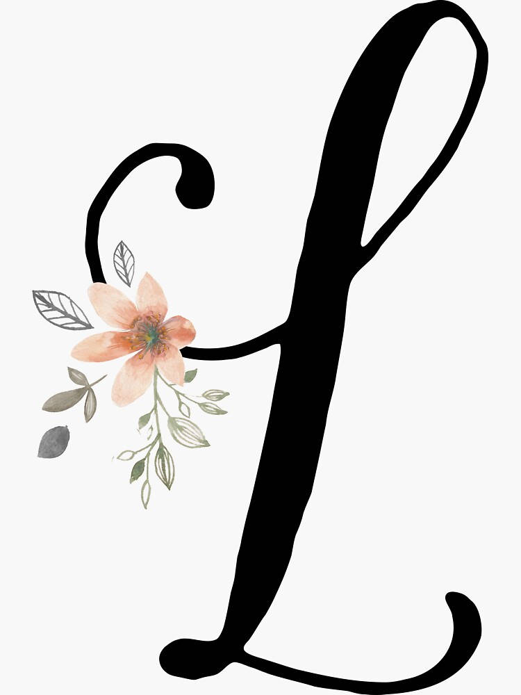 L 桌布 壁紙 — 一個大膽的黑色草書字母L，在淺灰色背景上飾有柔和的水彩蜜桃花和綠葉。