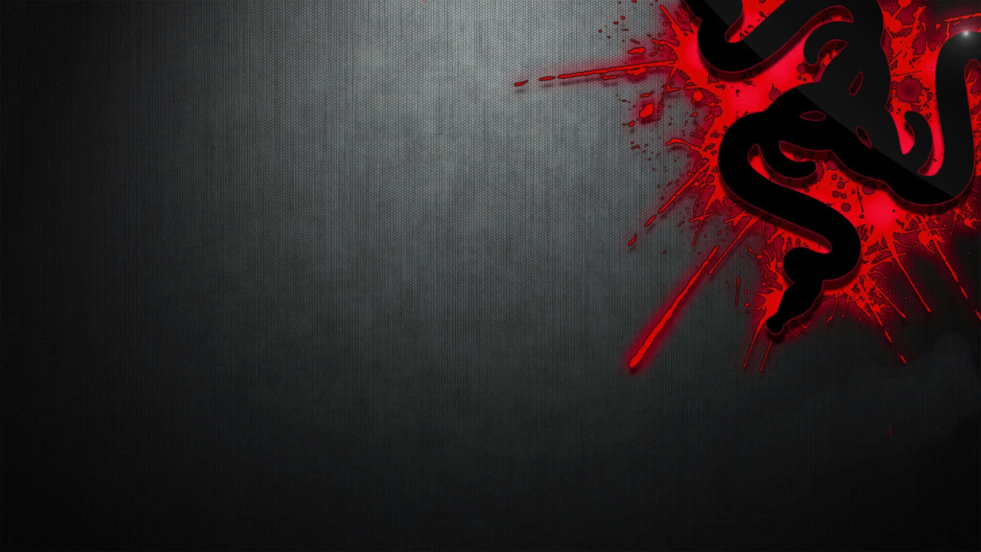 Red Gaming 桌布 壁紙 — 一個大膽的黑色蛇標誌，帶有紅色飛濺圖形，主導了深色紋理灰色背景的右側。