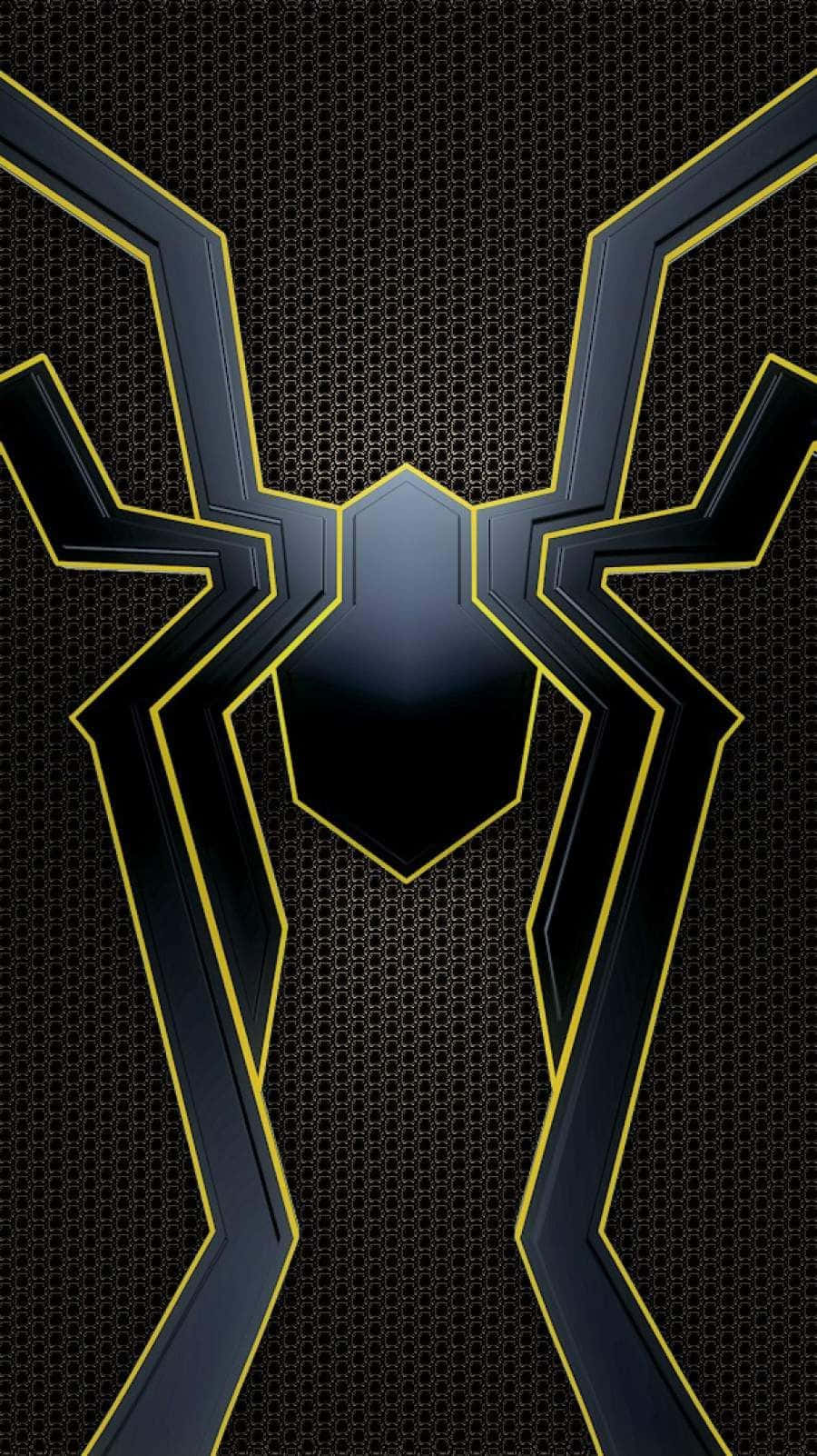 Spider Man Logo 桌布 壁紙 — 一個大膽的黑色蜘蛛標誌，帶有發光的黃色輪廓，立於深色六角網格背景之上。