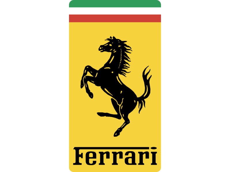 Ferrari Logo 桌布 壁紙 — 一個大膽的黑色躍馬標誌，位於黃色背景上，帶有綠色、白色和紅色條紋，下方有 Ferrari 字樣。