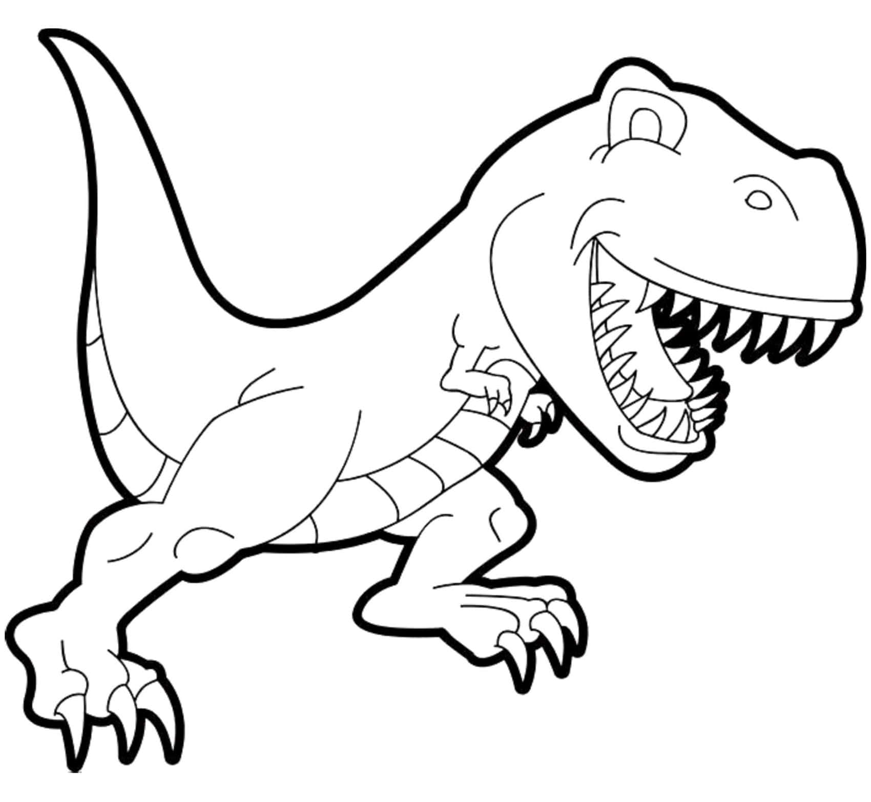 Dinosaur Coloring 桌布 壁紙 — 一個大膽的黑色輪廓，描繪一隻咆哮的卡通暴龍恐龍，正處於跨步中，背景為純白色。