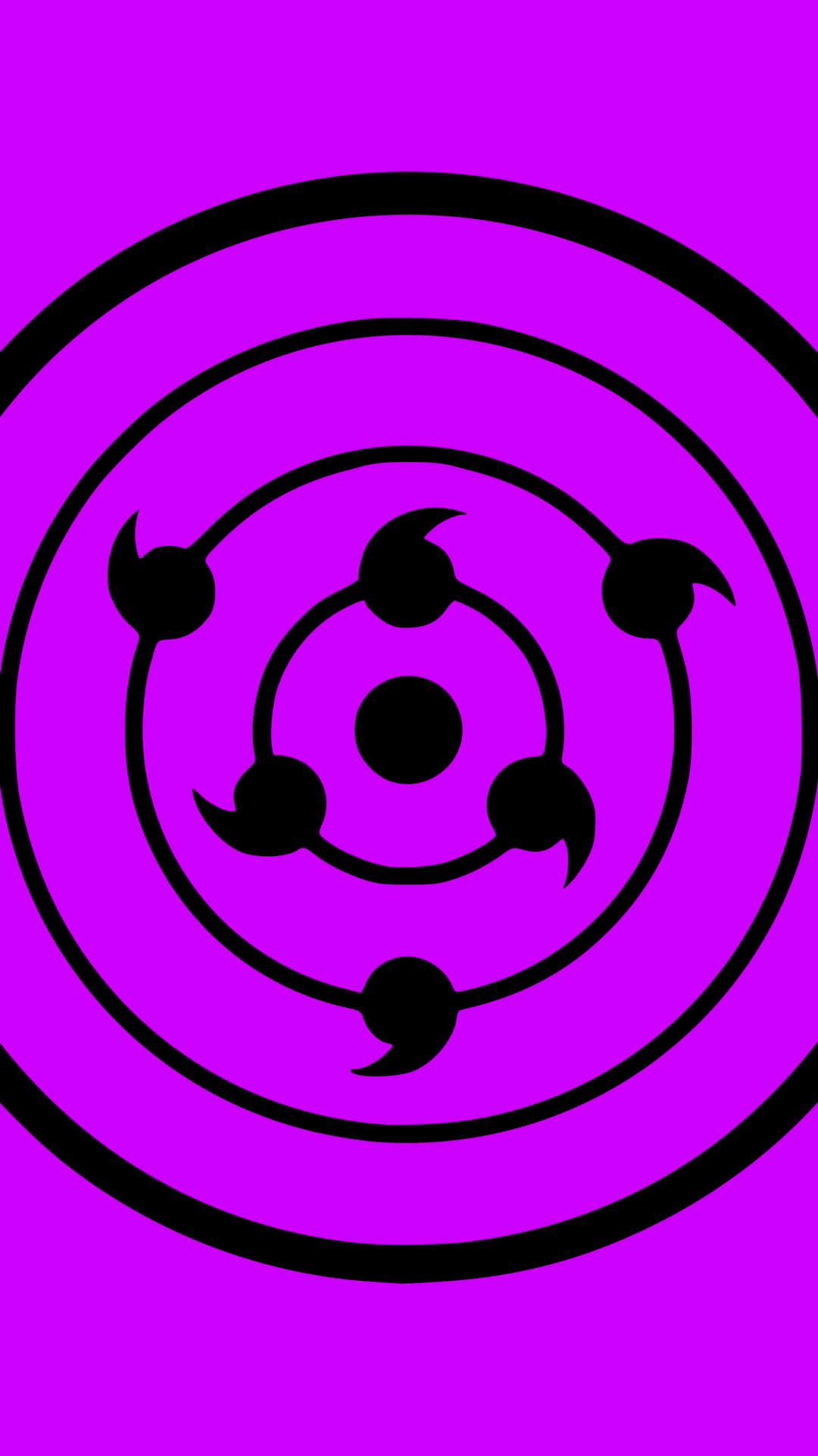 Purple Anime 桌布 壁紙 — 一個大膽的黑色輪迴眼符號，居中於充滿活力的紫色背景上，帶有同心圓和六個巴紋。