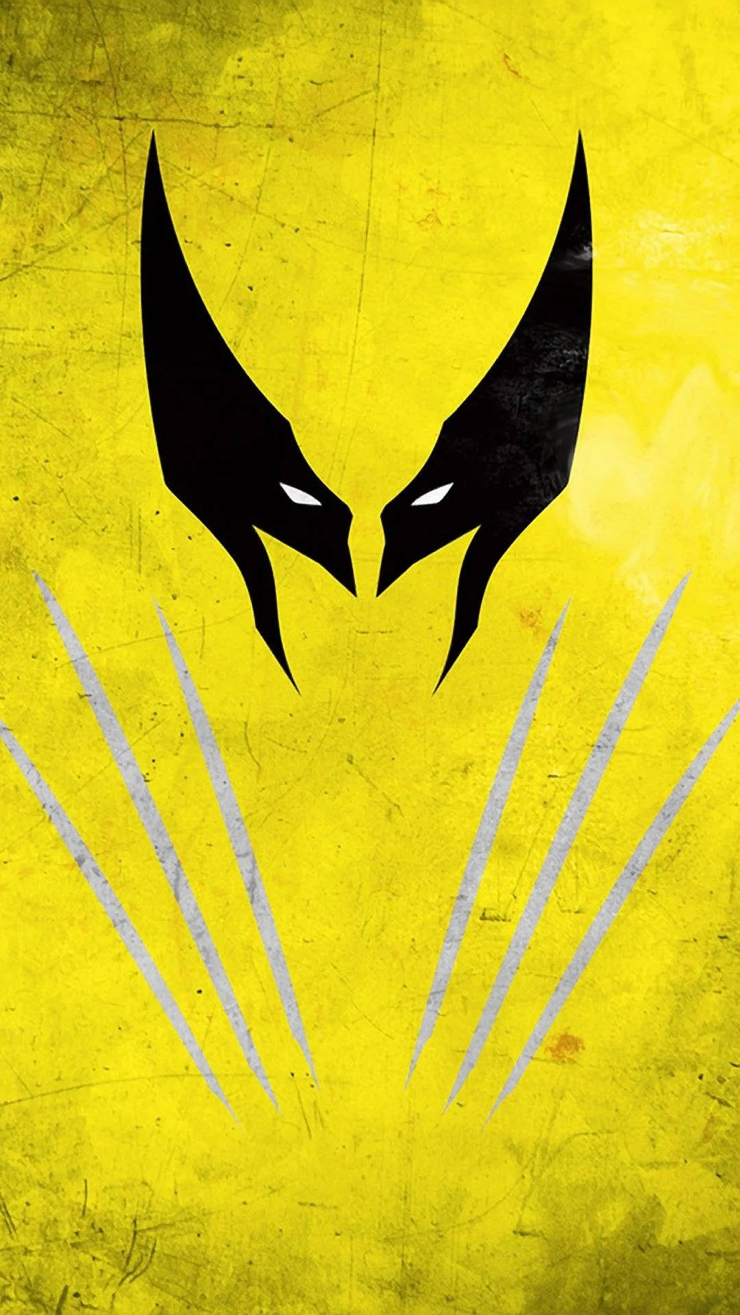 Wolverine 桌布 壁紙 — 一個大膽的黑色金剛狼面具，帶有發光的眼睛和銀色爪子，在紋理黃色背景上閃耀。