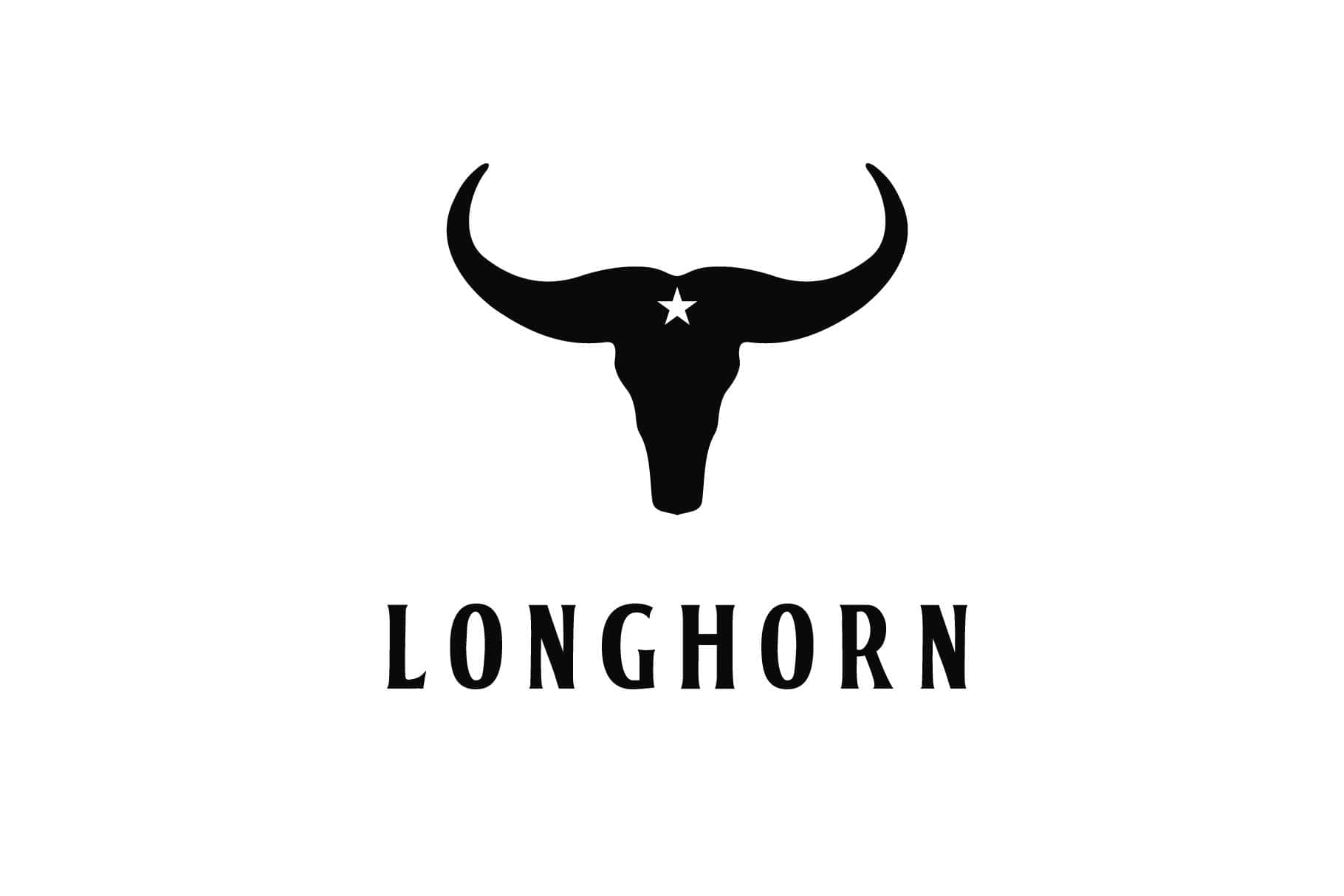 Longhorn 桌布 壁紙 — 一個大膽的黑色長角牛頭骨標誌，角之間有一顆星，位於白色背景上以粗體字母拼寫的LONGHORN上方。