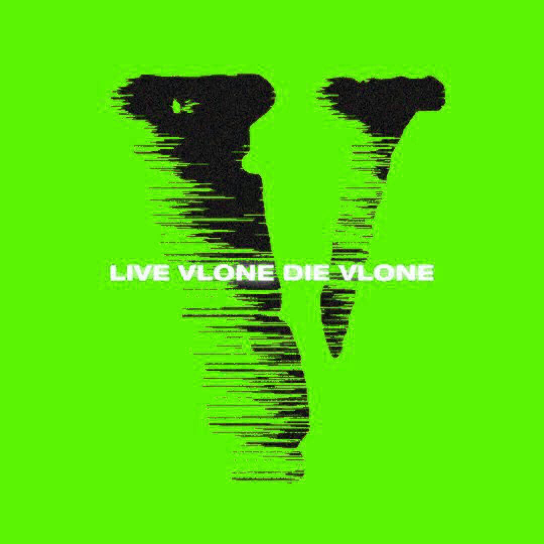 Vlone 桌布 壁紙 — 一個大膽的黑色風格化V，帶有故障線條，在充滿活力的綠色背景上，白色文字寫著live vlone die vlone。