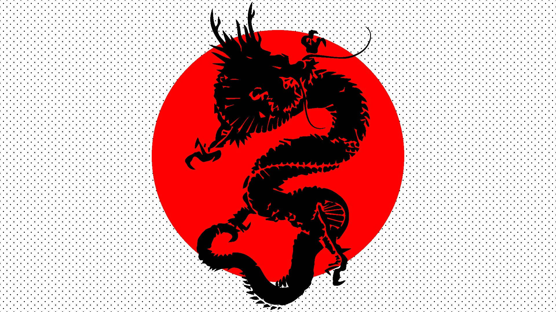 日式龍 桌布 壁紙 — 一個大膽的黑色龍剪影在點狀白色背景上，對著鮮豔的紅色圓形背景動態盤繞。