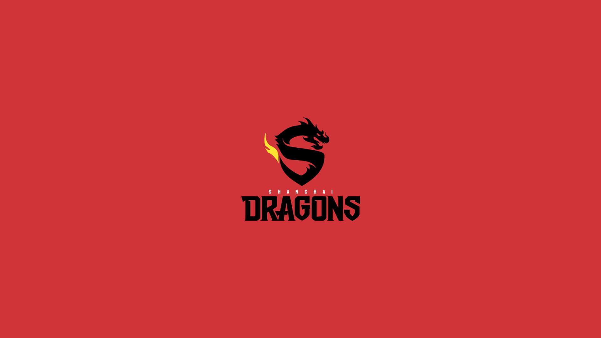 Overwatch League 桌布 壁紙 — 一個大膽的黑色龍標誌，帶有黃色火焰尾巴，居中在純紅色背景上，下方有「SHANGHAI DRAGONS」文字。