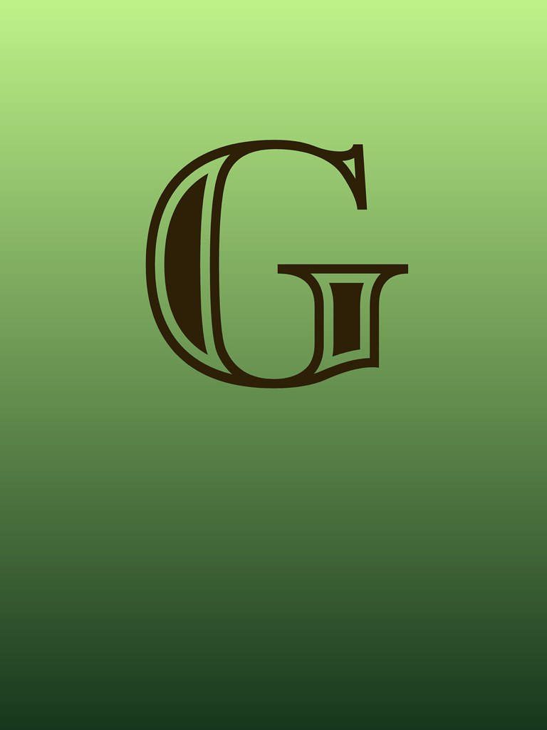 g 桌布 壁紙 — 一個大膽華麗的深棕色字母G，置於柔和的綠色漸變背景中央。