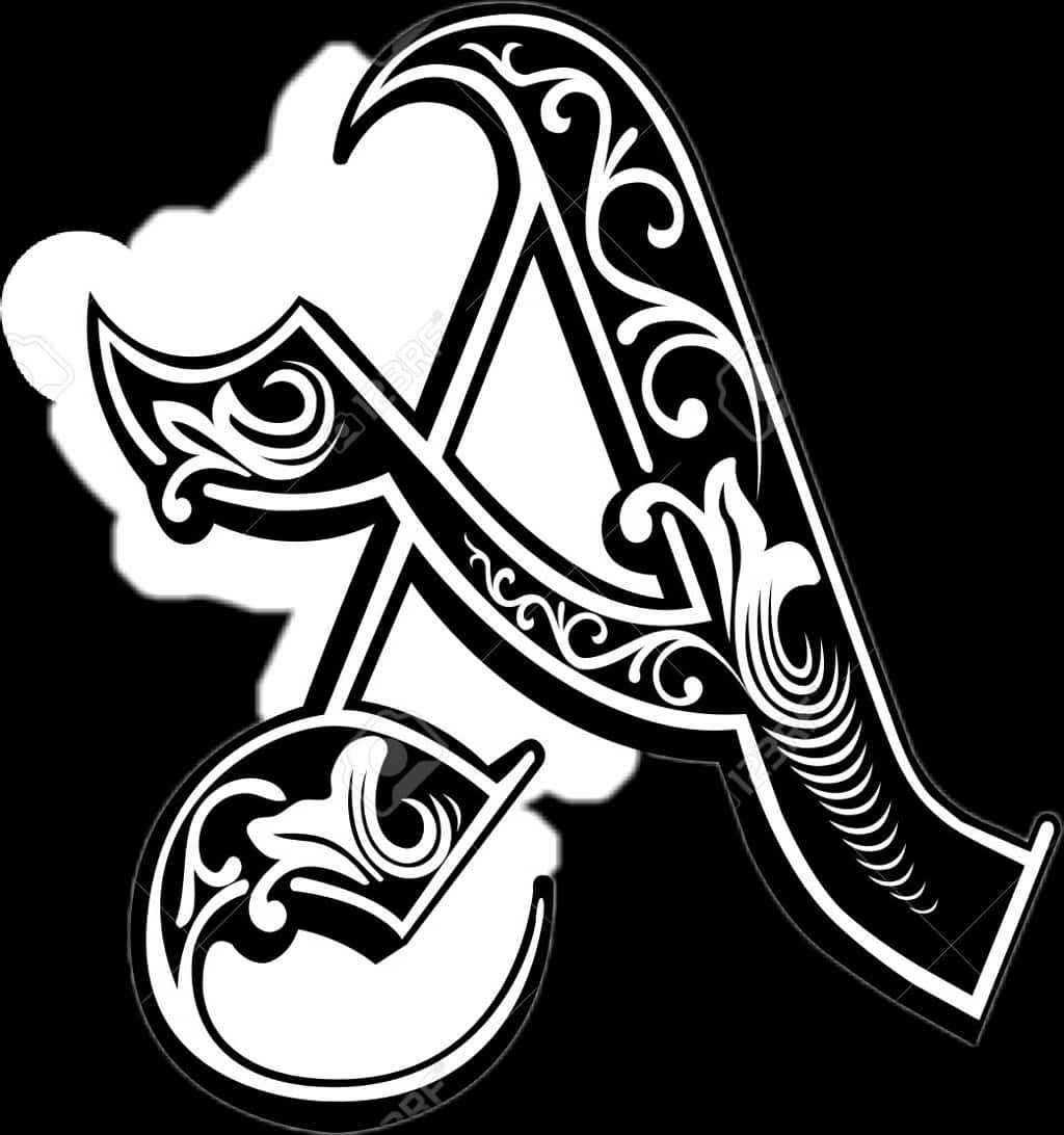 Tattoo Design 桌布 壁紙 — 一個大膽華麗的白色字母A，帶有漩渦狀的鏤空細節，在純黑背景上格外突出。