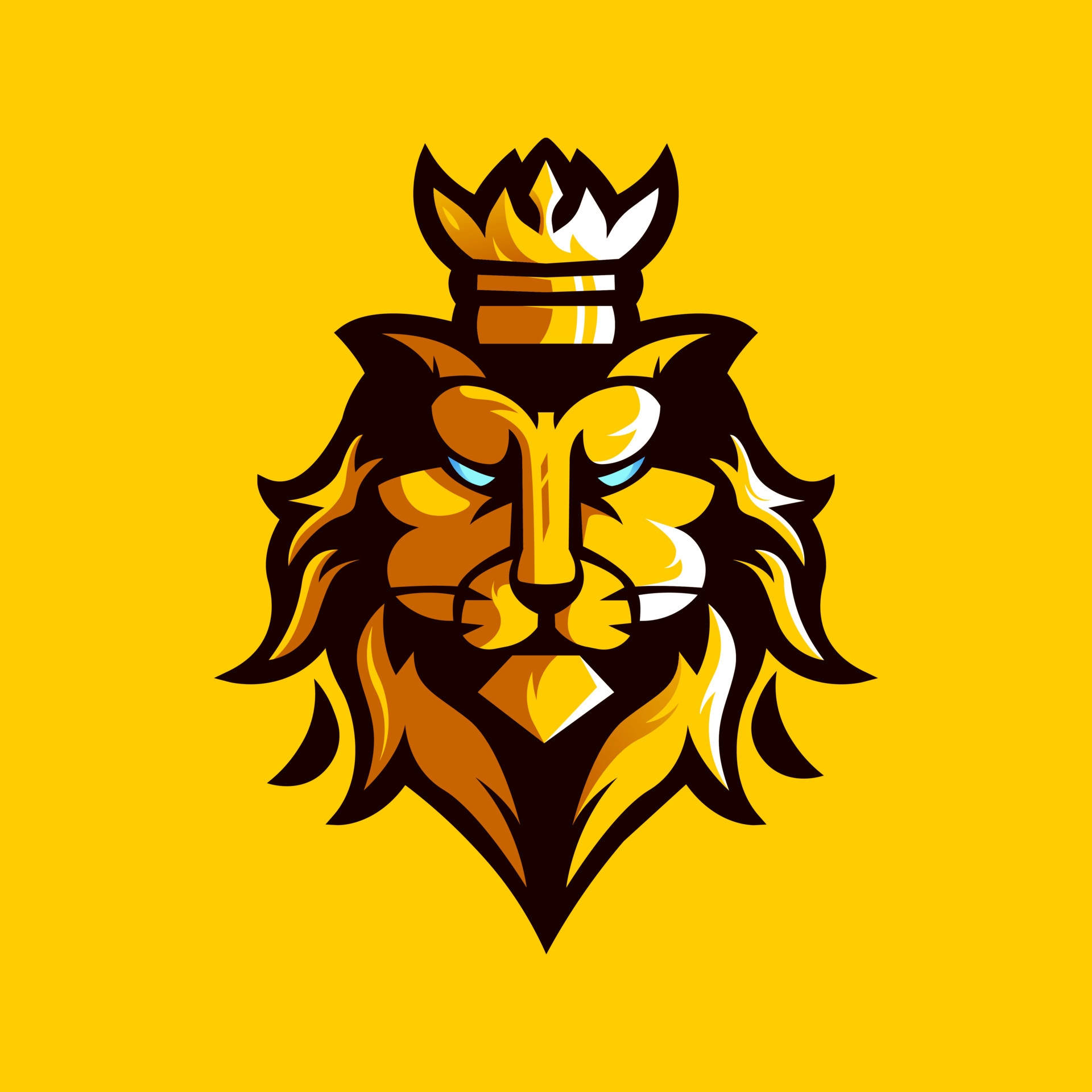 king logo 桌布 壁紙 — 一個大膽風格化的獅子頭戴著皇冠，在純黃色背景上。