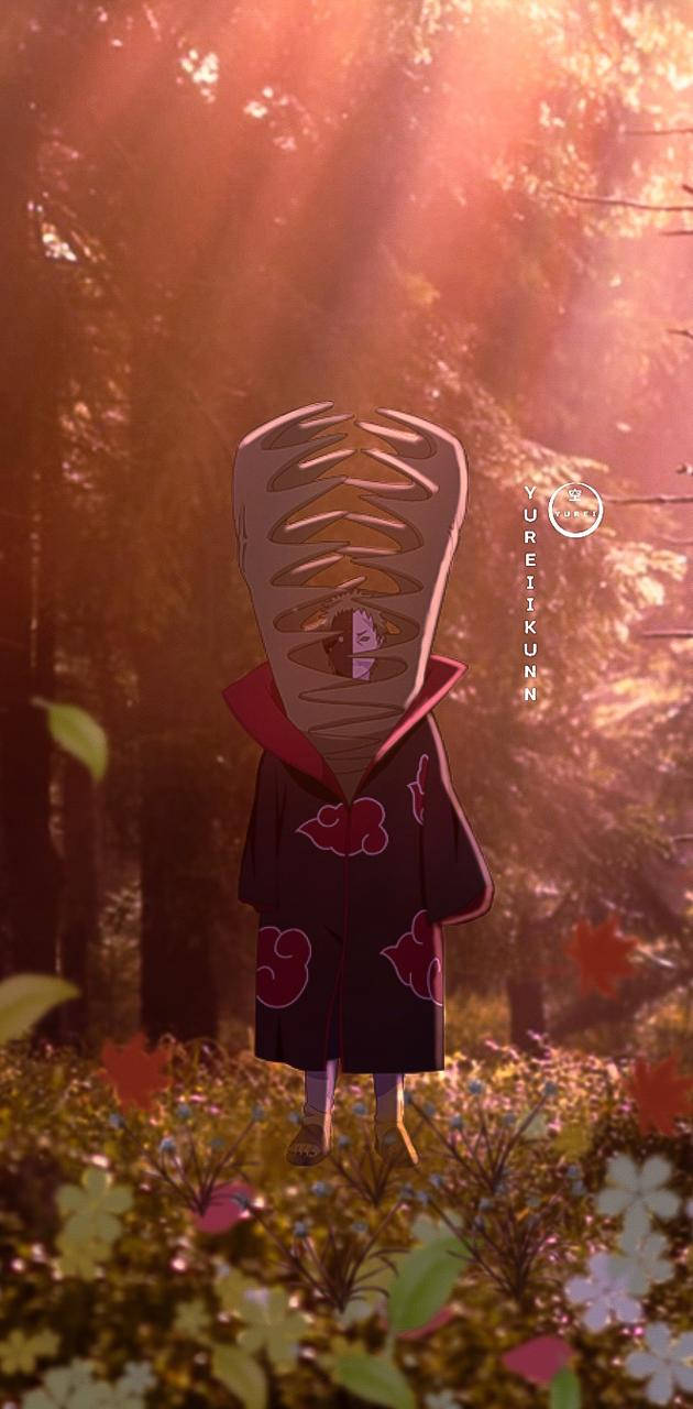 Zetsu 桌布 壁紙 — 一個大頭動漫角色站在陽光明媚的森林中，周圍有秋葉和花朵。