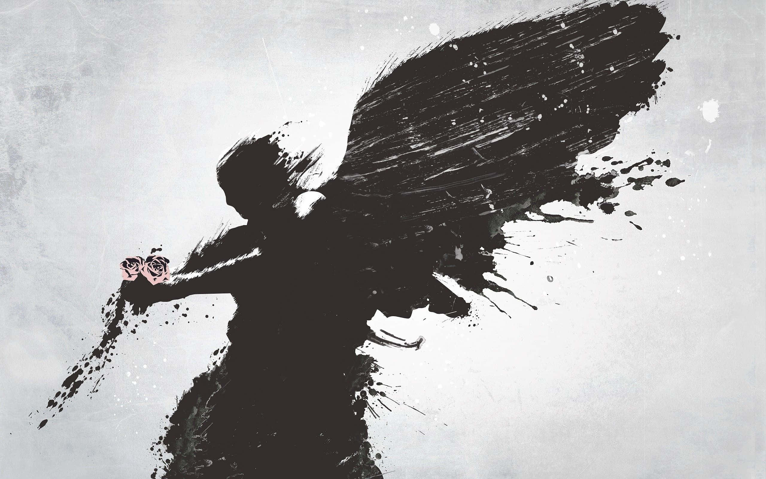 Angel Wings 桌布 壁紙 — 一個天使展開翅膀，手持玫瑰，在紋理灰色背景上的鮮明黑色墨水剪影。