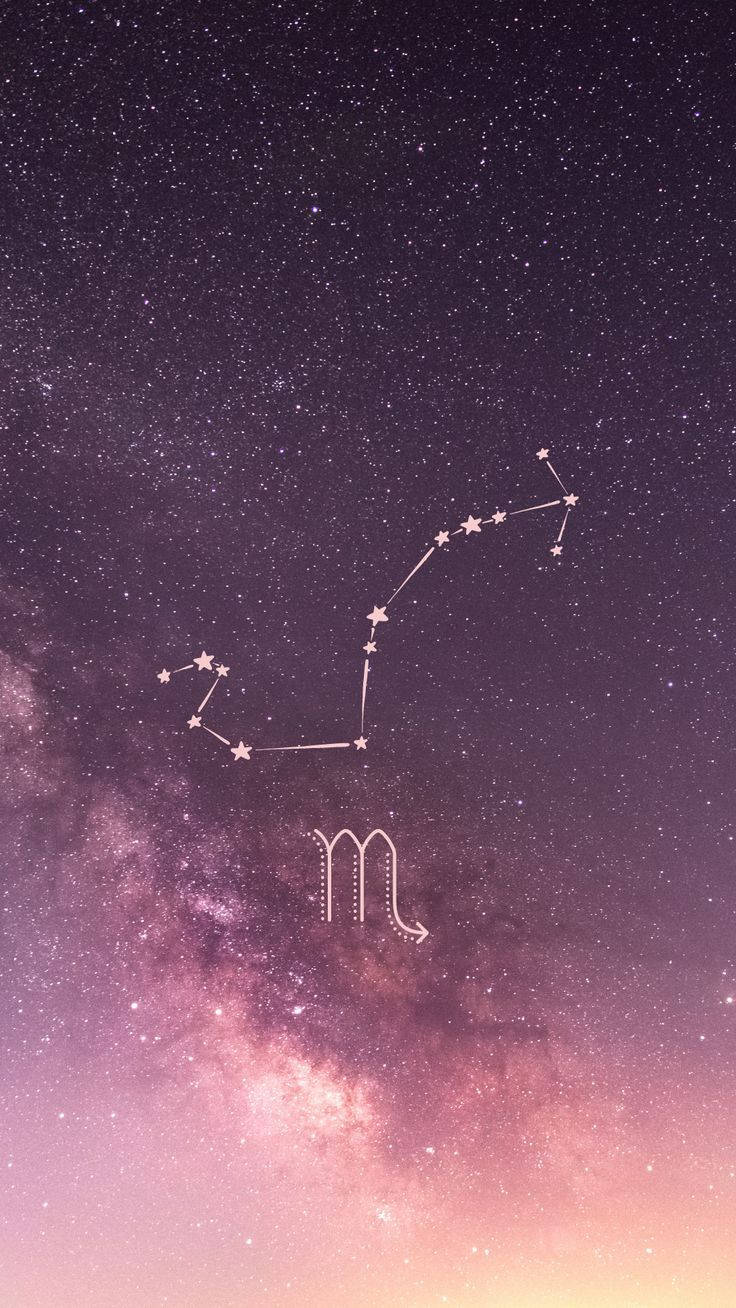 天蠍座星座在帶有銀河的鮮豔紫色和粉紅色夜空中以星星勾勒出輪廓。
