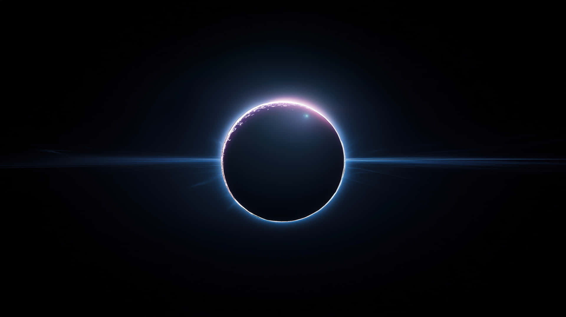 A breathtaking view of a solar eclipse with a blue glowing halo, symbolizing cosmic wonder 壁紙 — 一個天體日食，黑暗行星周圍有發光的藍色日冕，背景是黑色虛空，帶有水平光條。