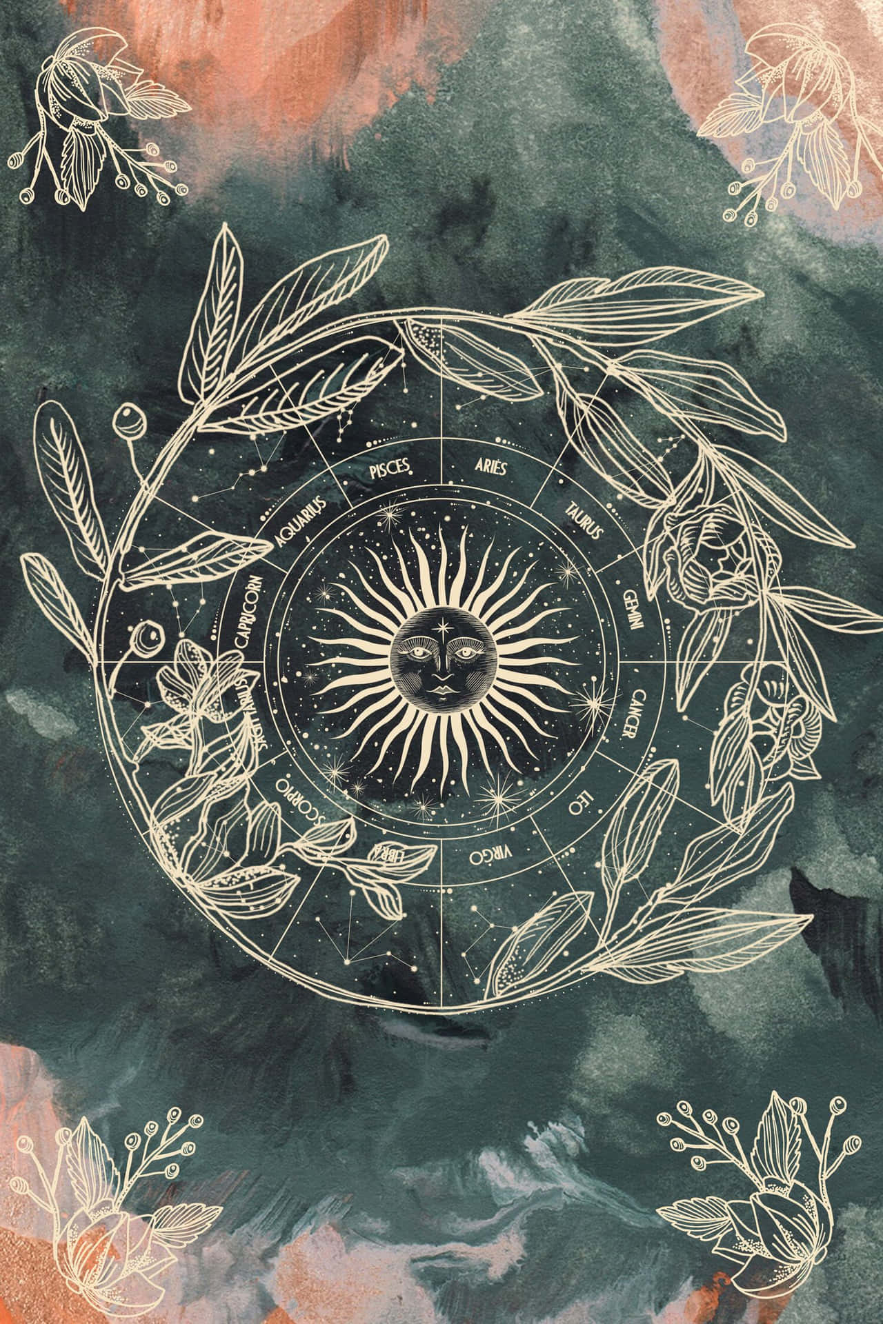 zodiac 桌布 壁紙 — 一個天體星座輪，中心有太陽臉孔，星座線條被華麗的植物花紋環繞，背景為帶紋理的深青綠色和鐵鏽色。
