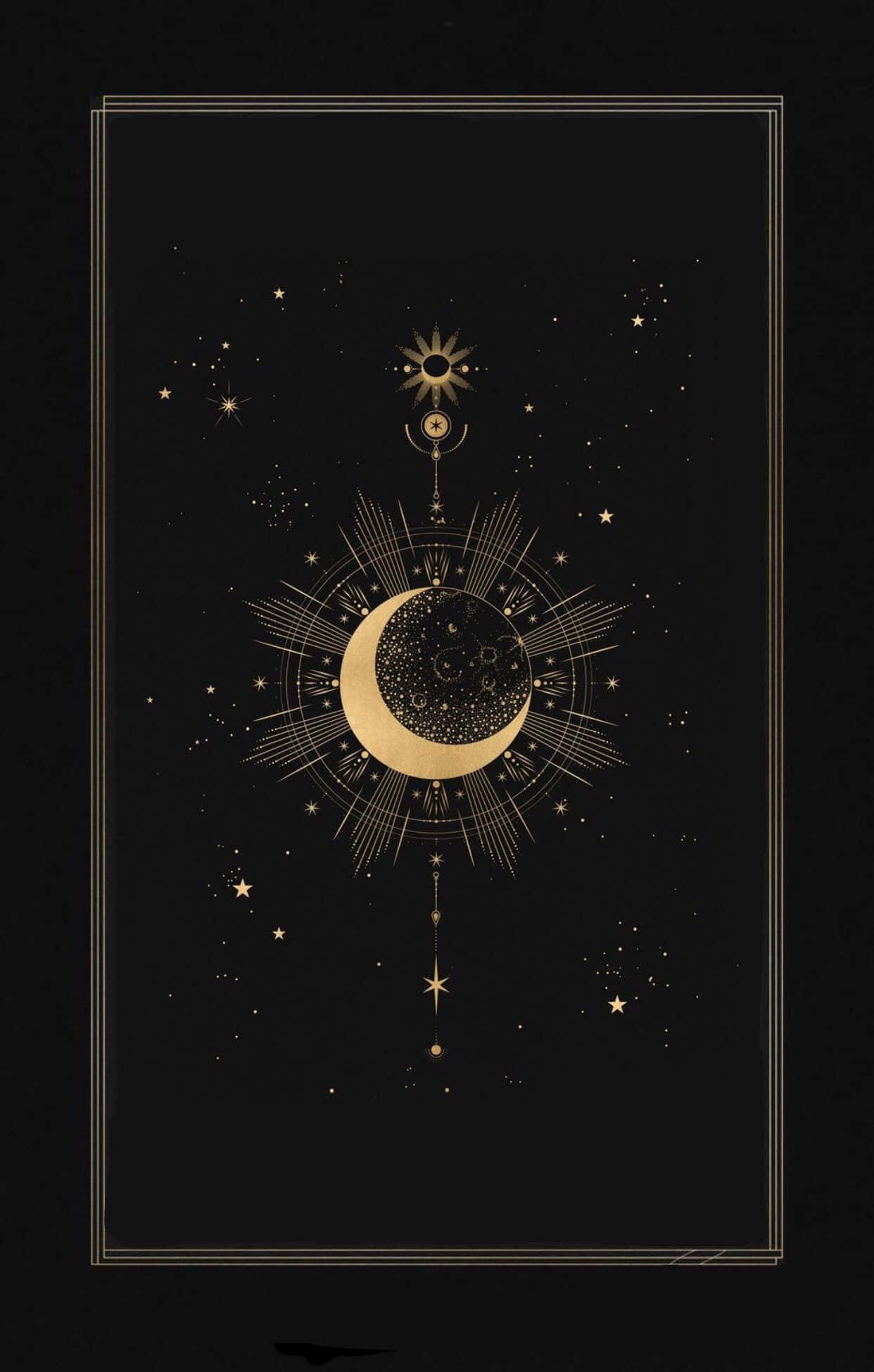 Celestial 桌布 壁紙 — 一個天體的金色新月和太陽符號在黑色星空背景下發射光芒，並由細線框住。