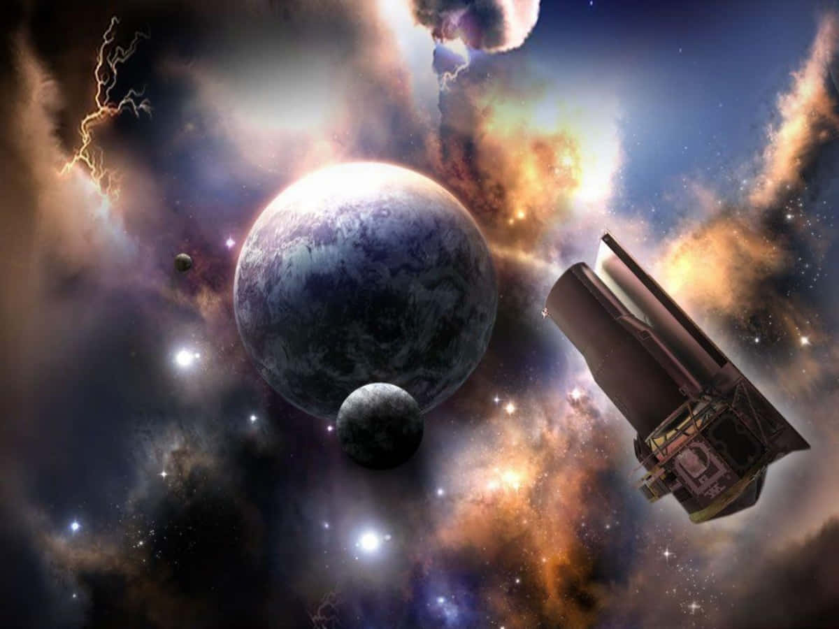 Celestial Bodies 桌布 壁紙 — 一個太空望遠鏡在充滿活力的星雲中，圍繞著一個藍色行星運行，周圍是旋轉的宇宙雲和閃電風暴。