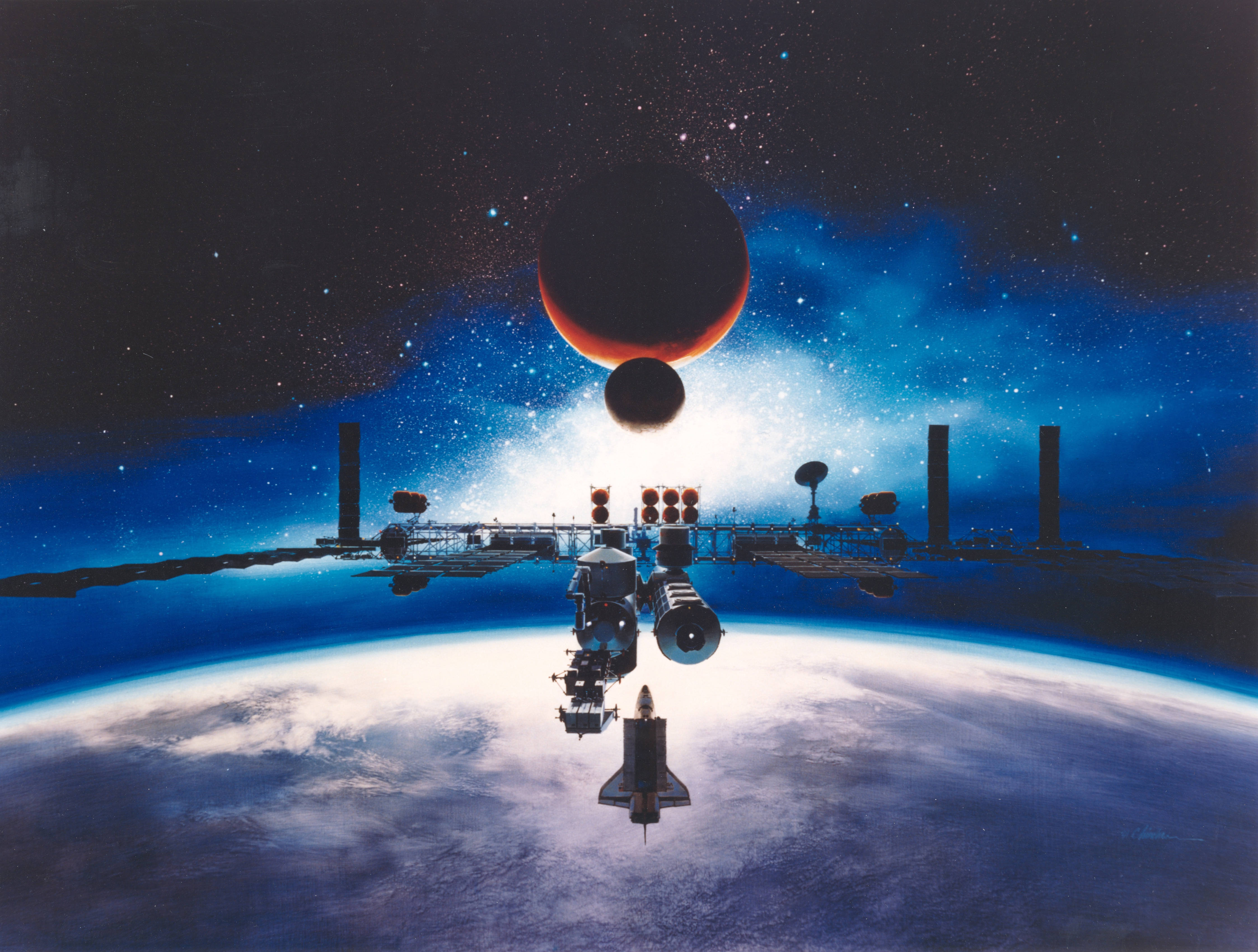 Mars 桌布 壁紙 — 一個太空站繞地球運行，一艘太空梭對接，一顆微紅色的行星在星空若隱若現。