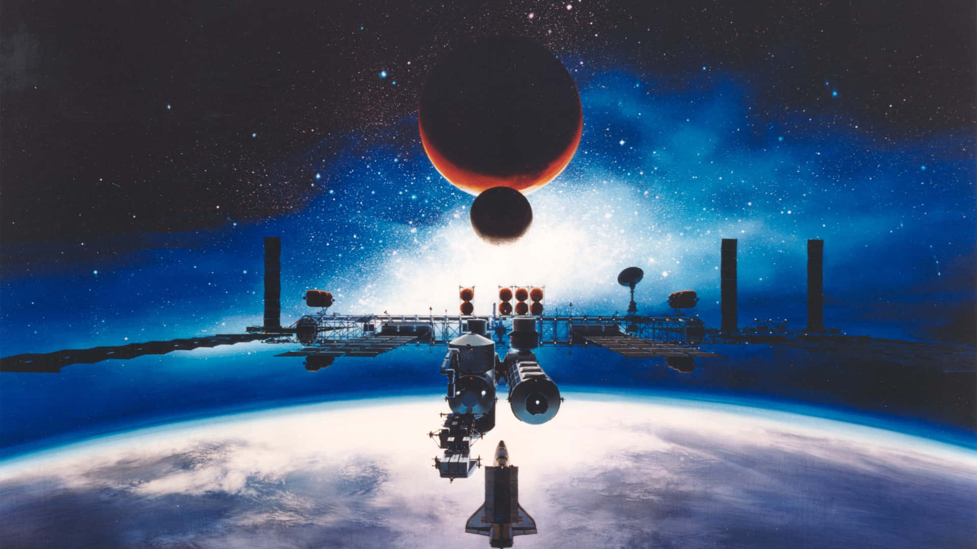 Space Exploration 桌布 壁紙 — 一個太空站繞地球運行，上方星空中有紅色行星和月亮。