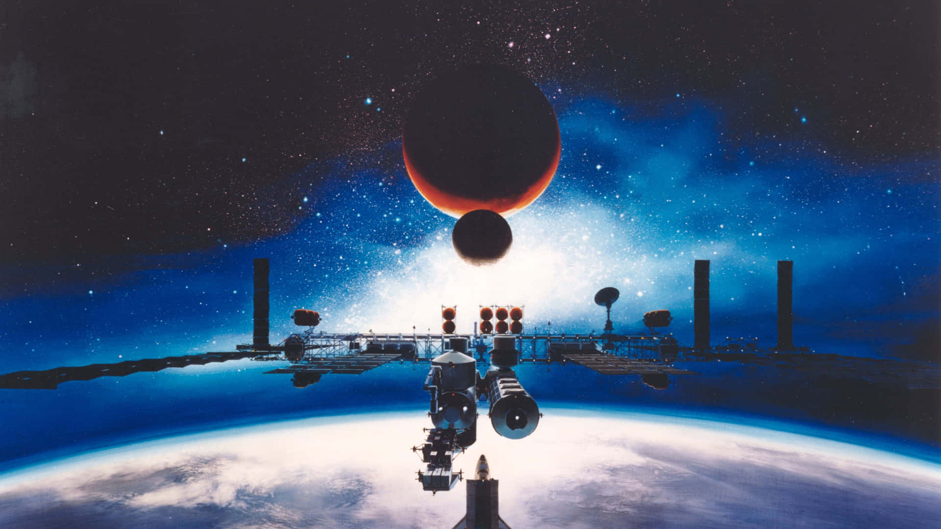  壁紙 — 一個太空站繞地球運行，上方星空有一顆紅色行星和月亮。