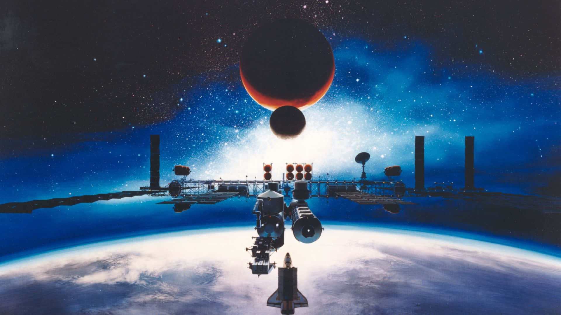 Live Space 桌布 壁紙 — 一個太空站繞地球運行，下面停靠著一架太空梭，一顆紅色行星在星空若隱若現。