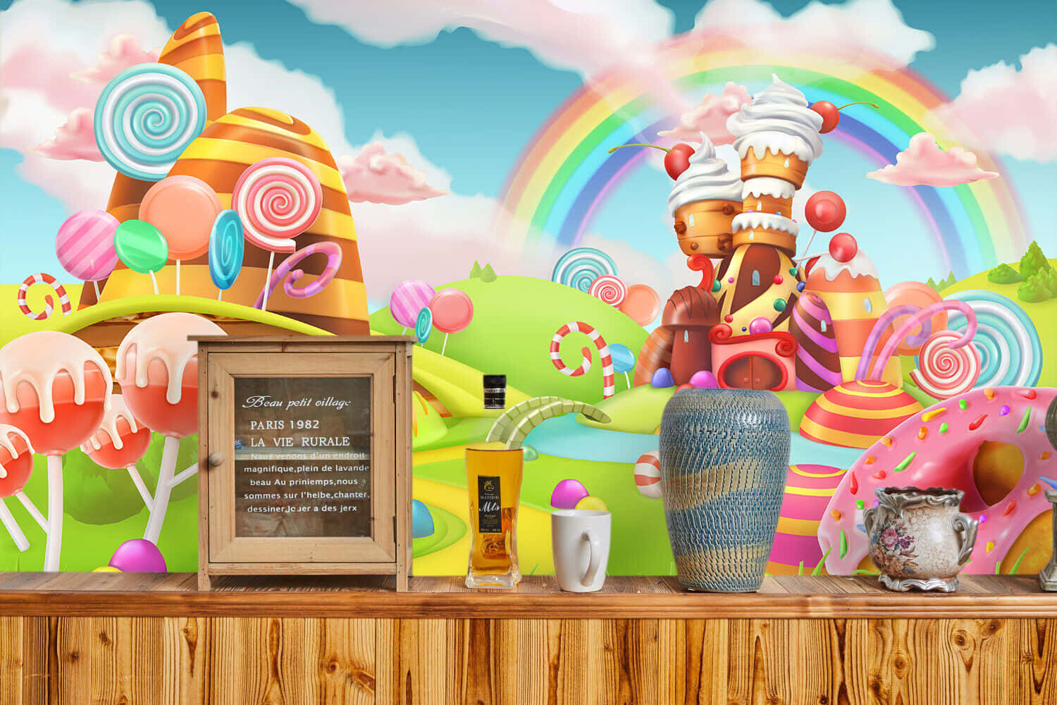 Candy Land 桌布 壁紙 — 一個奇妙的糖果樂園場景，有巨型棒棒糖、彩虹和蛋糕塔，後面是一個木架，上面放著復古物品。