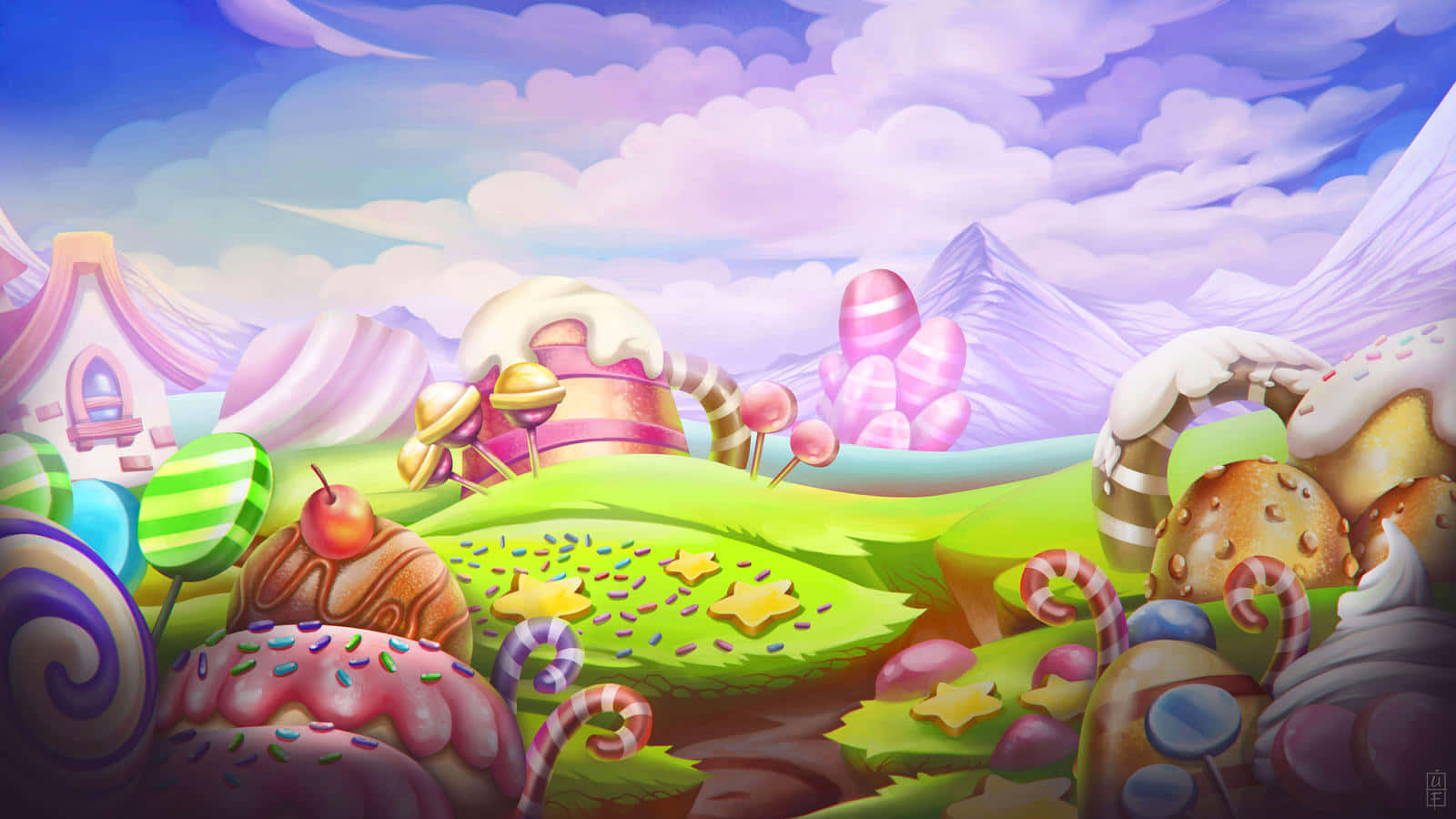 Candy Land 桌布 壁紙 — 一個奇妙的糖果樂園景觀，有巨大的糖果屋、棒棒糖和山脈，在粉彩天空下。