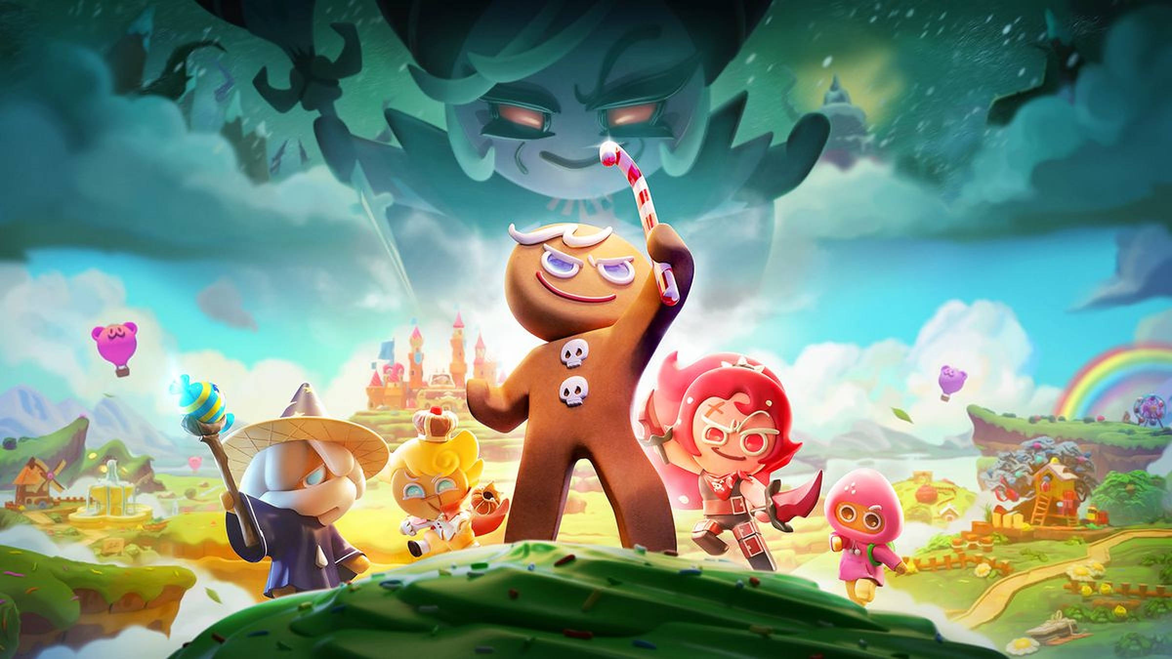 Cookie Run 桌布 壁紙 — 一個奇幻場景，餅乾角色站在色彩繽紛的風景上空，面對天空中一個巨大的威脅面孔。