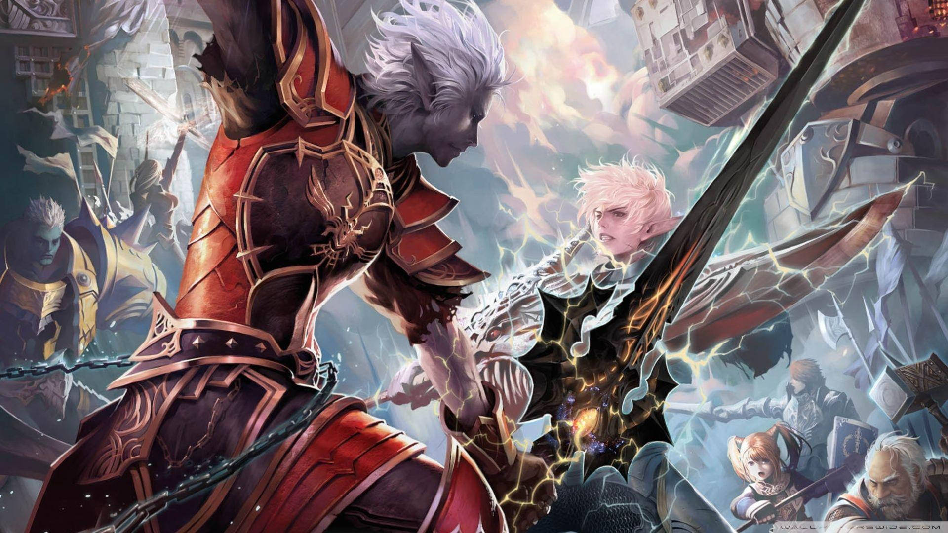 game 桌布 壁紙 — 一個奇幻戰鬥場景，裝甲戰士在 crumbling 石結構和發光魔法能量中交鋒劍刃。