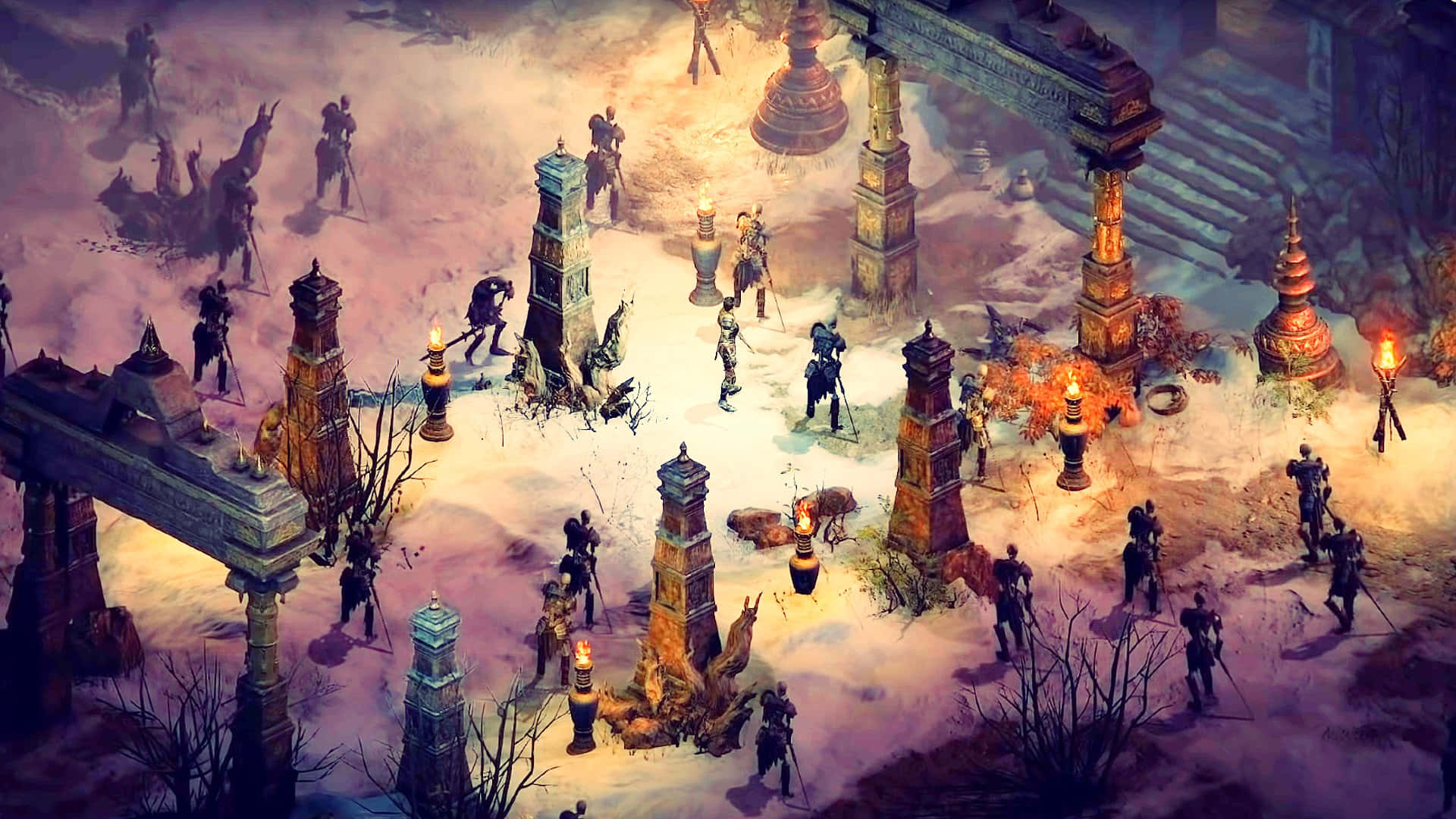 Diablo 2 Resurrected 桌布 壁紙 — 一個奇幻戰鬥場景，身穿盔甲的戰士和神話生物在暮色天空下的古代廢墟中戰鬥。