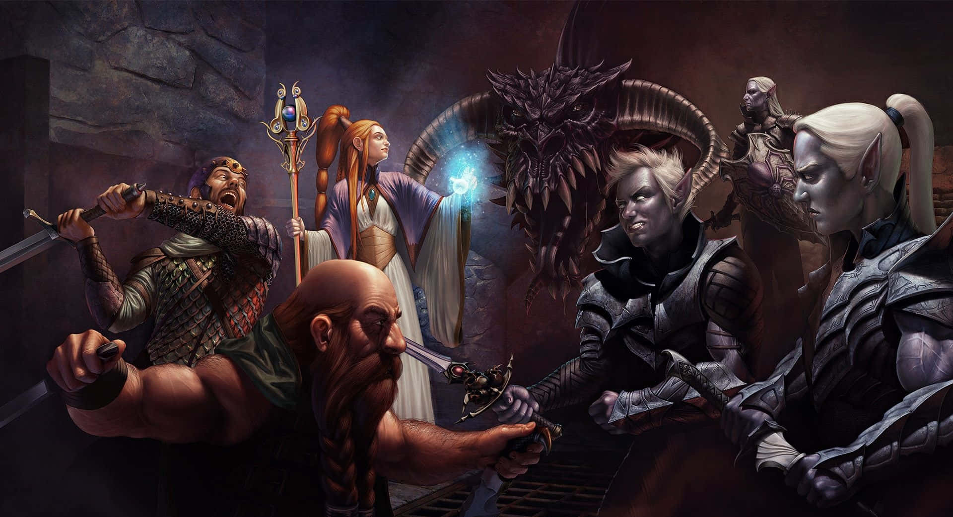 Dungeons And Dragons 桌布 壁紙 — 一個奇幻戰鬥場景，身穿盔甲的戰士和發光的法師在石頭地牢中對抗一條巨大的黑暗巨龍。