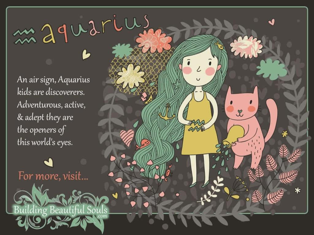 aquarius 桌布 壁紙 — 一個奇幻插畫，描繪一位擁有青綠色頭髮的女孩和一隻粉紅色的貓，周圍環繞著花朵和葉子，背景為深色。