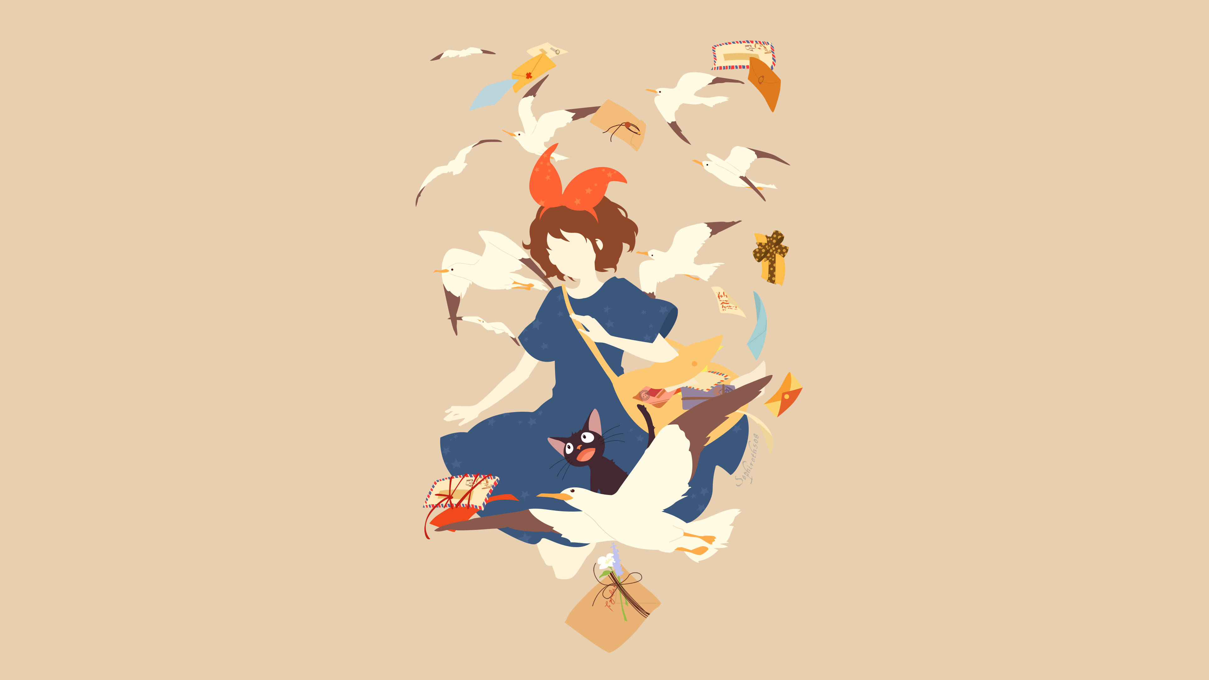 藝術 桌布 壁紙 — 一個奇幻插畫，描繪一位紅髮女孩和一隻貓，被飛翔的海鷗和漂浮的禮物環繞，背景為米色。