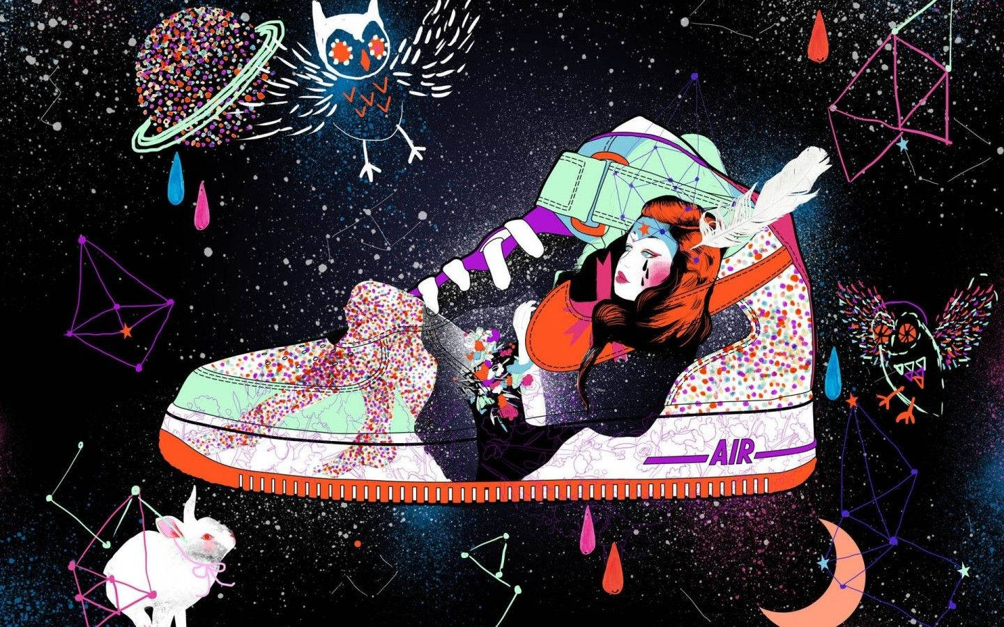 女孩在巨型運動鞋中休息，周圍有宇宙貓頭鷹和星座 — Nike GIF 壁紙