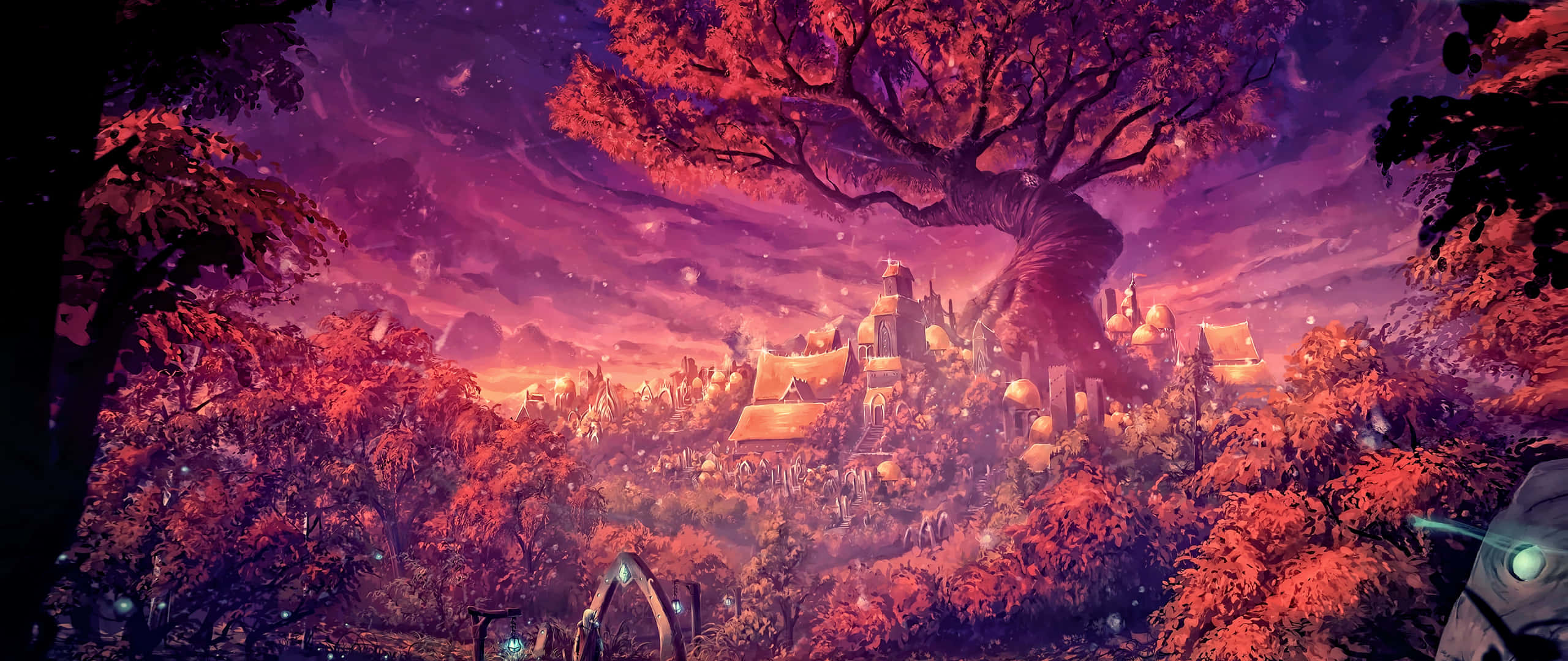 Art 2560x1080 桌布 壁紙 — 一個奇幻村莊坐落在一棵巨樹下，樹葉發出紅色光芒，背景是繁星點點的紫色天空。
