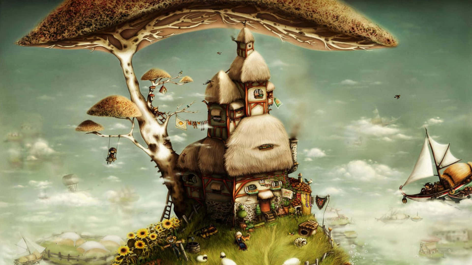 Surrealism 桌布 壁紙 — 一個奇幻村莊坐落在巨型蘑菇傘下，漂浮的船隻在雲層密佈的天空中航行。