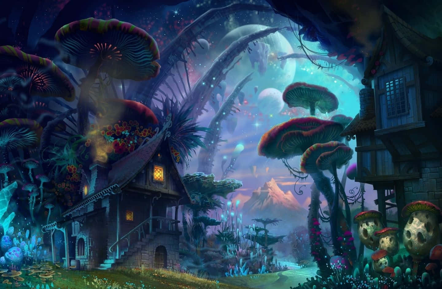魔法動圖 桌布 壁紙 — 一個奇幻村莊坐落在巨大發光蘑菇之間，星空暮色下漂浮著球體。