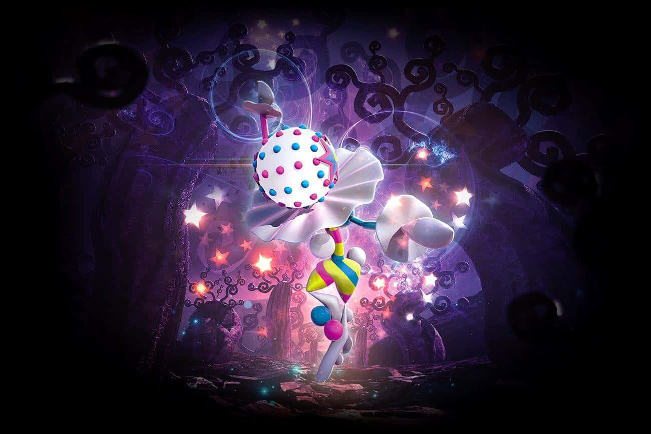 寶可夢 桌布 壁紙 — 一個奇幻發光的角色，頭部有圓點圖案，飄逸的絲帶在黑暗魔法森林中旋轉的紫色藤蔓和閃爍星星之間起舞。