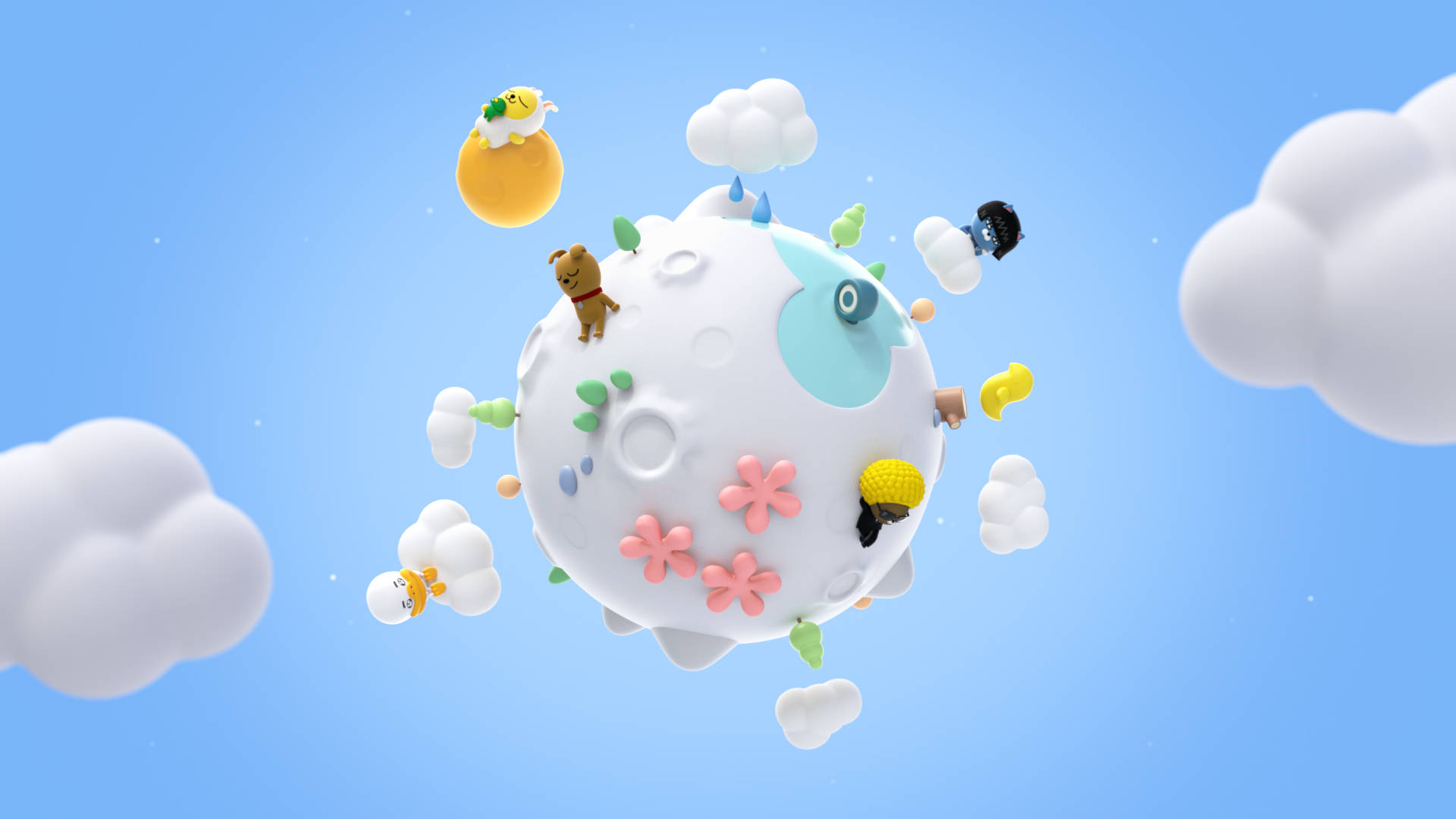 Kakao 桌布 壁紙 — 一個奇幻的3D渲染星球，點綴著花朵和可愛的角色，在晴朗的藍天下漂浮在蓬鬆的雲朵之間。