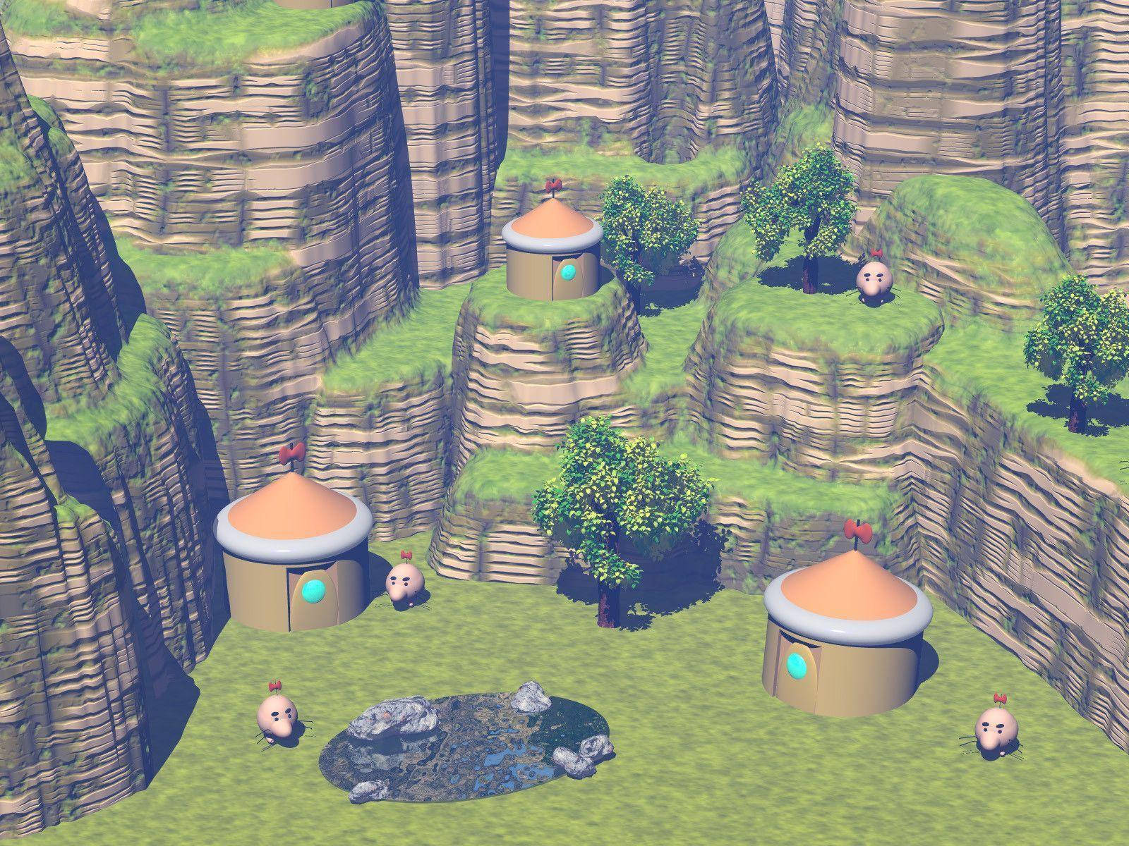 Earthbound 桌布 壁紙 — 一個奇幻的3D渲染村莊，有圓形房屋和可愛的粉紅色生物，坐落在有層疊懸崖的草叢峽谷中。