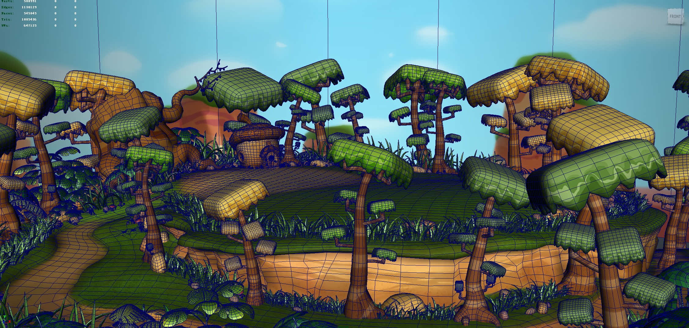 Cartoon Forest 桌布 壁紙 — 一個奇幻的3D渲染森林場景，有風格化的樹木和草地地形，在晴朗的藍天下。
