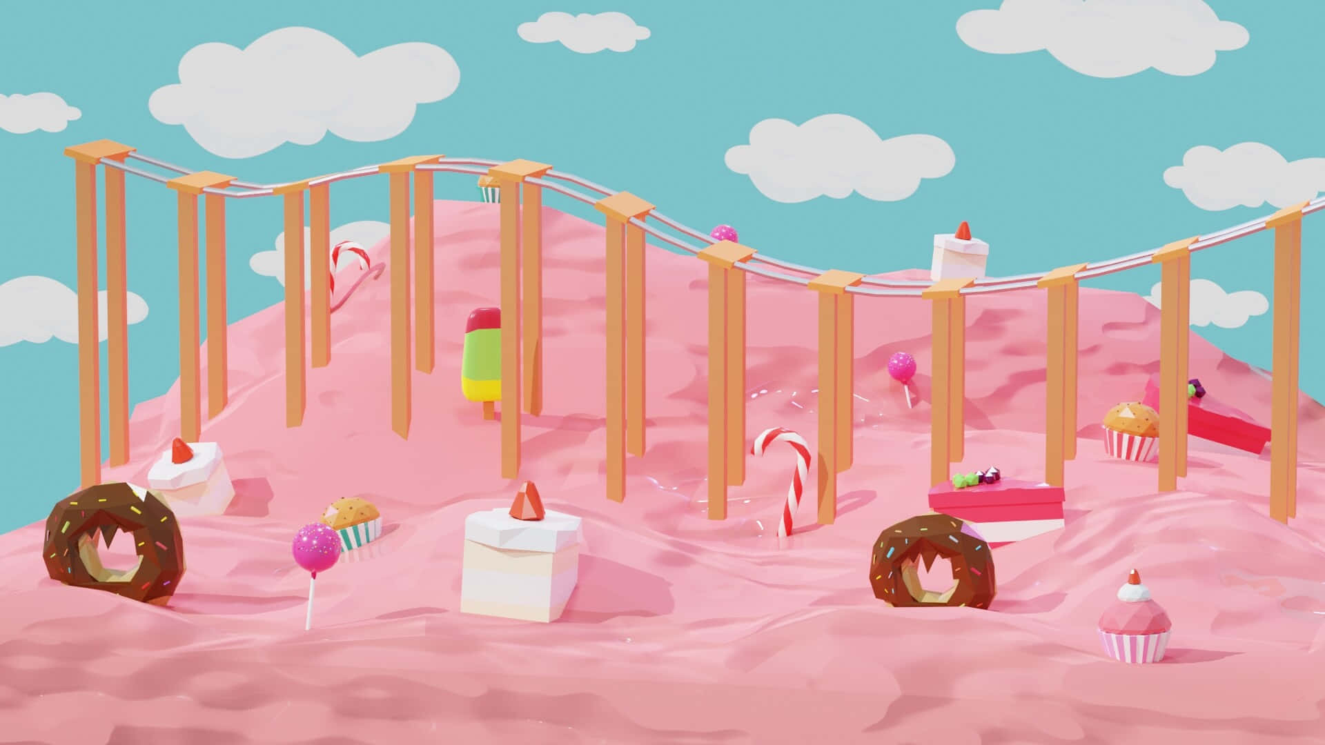 Candy Land 桌布 壁紙 — 一個奇幻的3D渲染粉紅色糖果地形景觀，有甜甜圈、棒棒糖和蛋糕，在藍綠色天空下，有蓬鬆的雲朵。