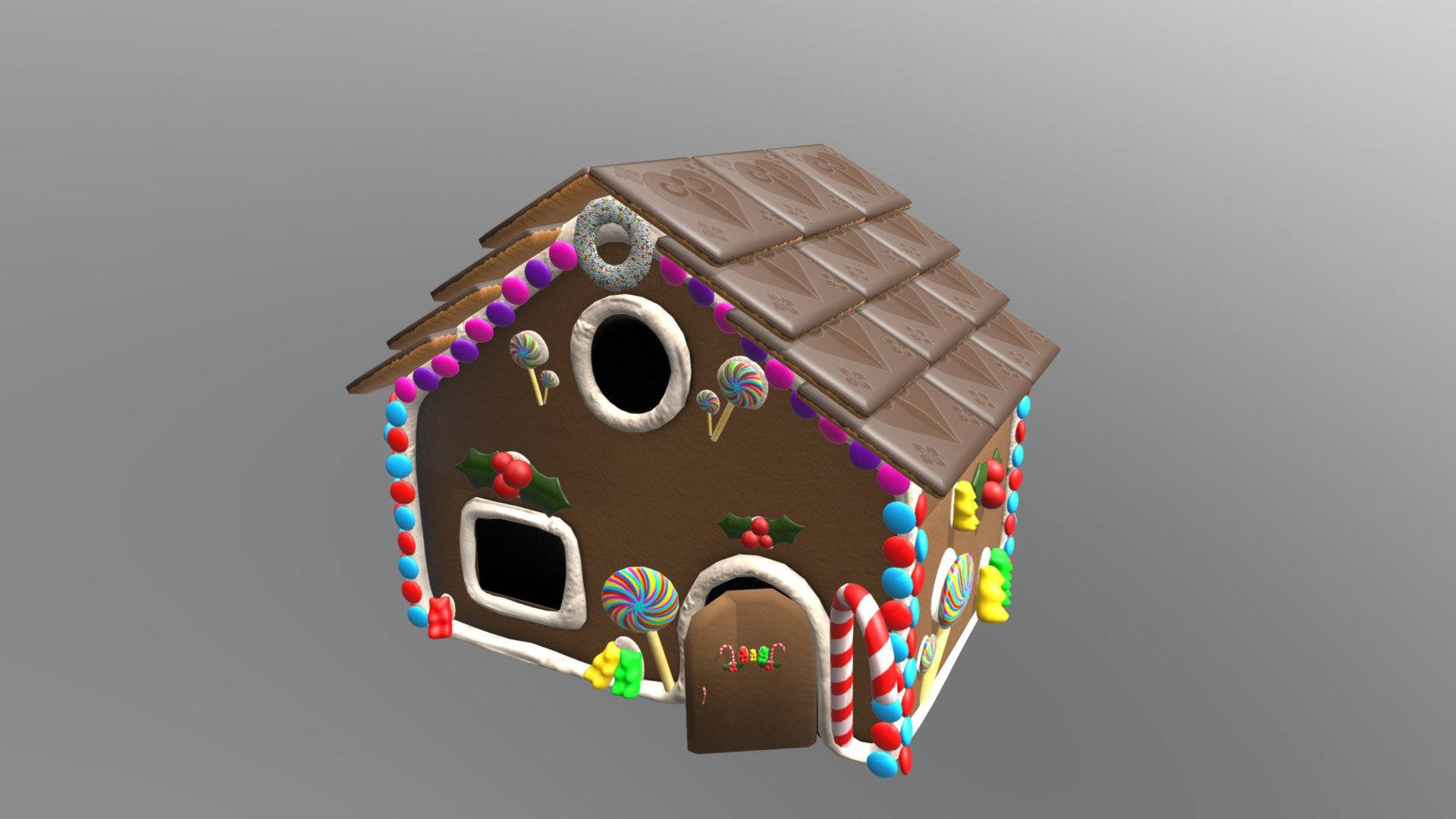 Gingerbread House 桌布 壁紙 — 一個奇幻的3D渲染薑餅屋，飾有色彩繽紛的糖果、棒棒糖和巧克力瓦片，背景為純灰色。